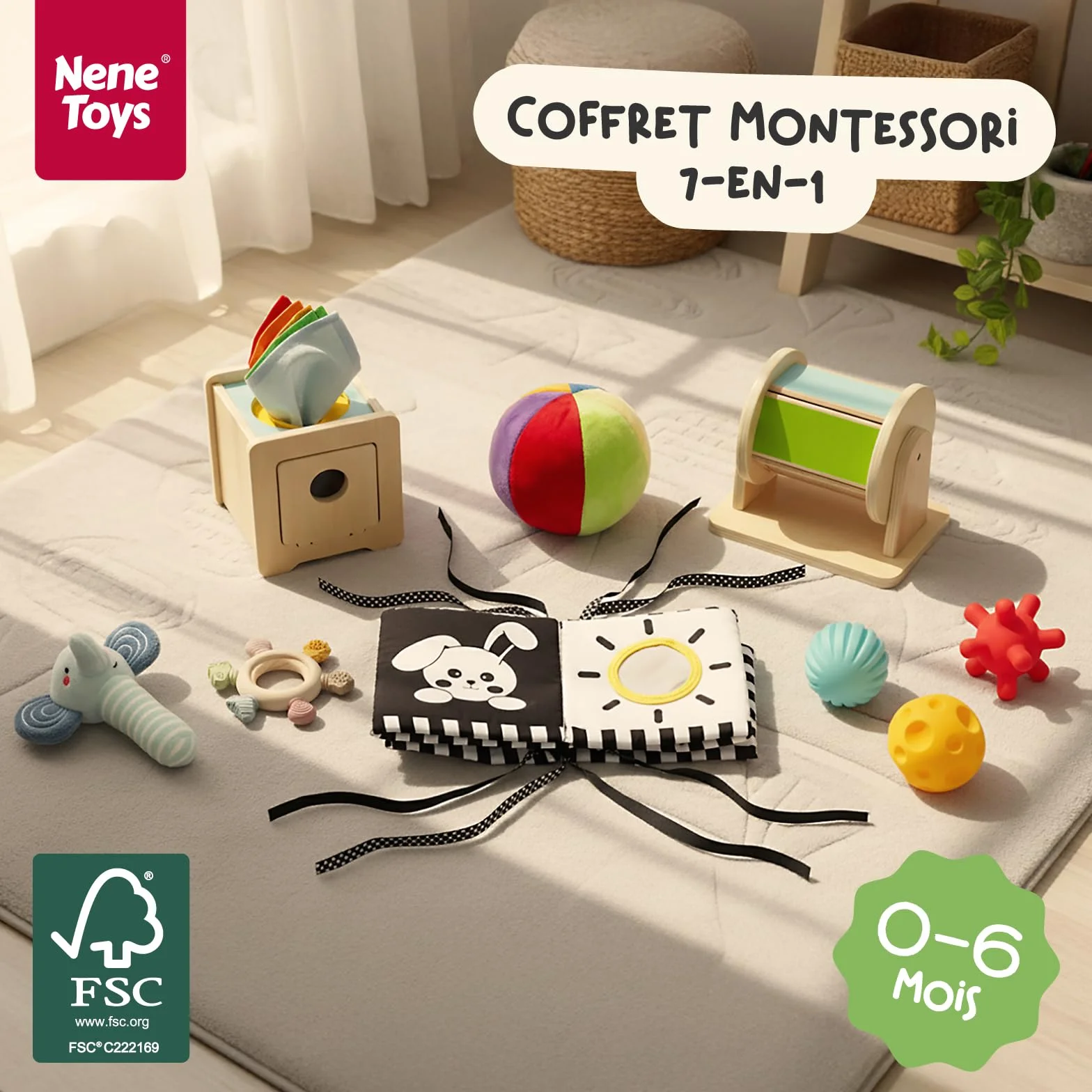 Nene Toys Jouet Montessori Bébé 0–6 Mois – Coffret Sensoriel 7-en-1 en Bois avec Livre Noir & Blanc, Boîte à Mouchoirs, Tambour Rotatif, Balles, Anneau de Dentition & Hochet – Cadeau Naissance