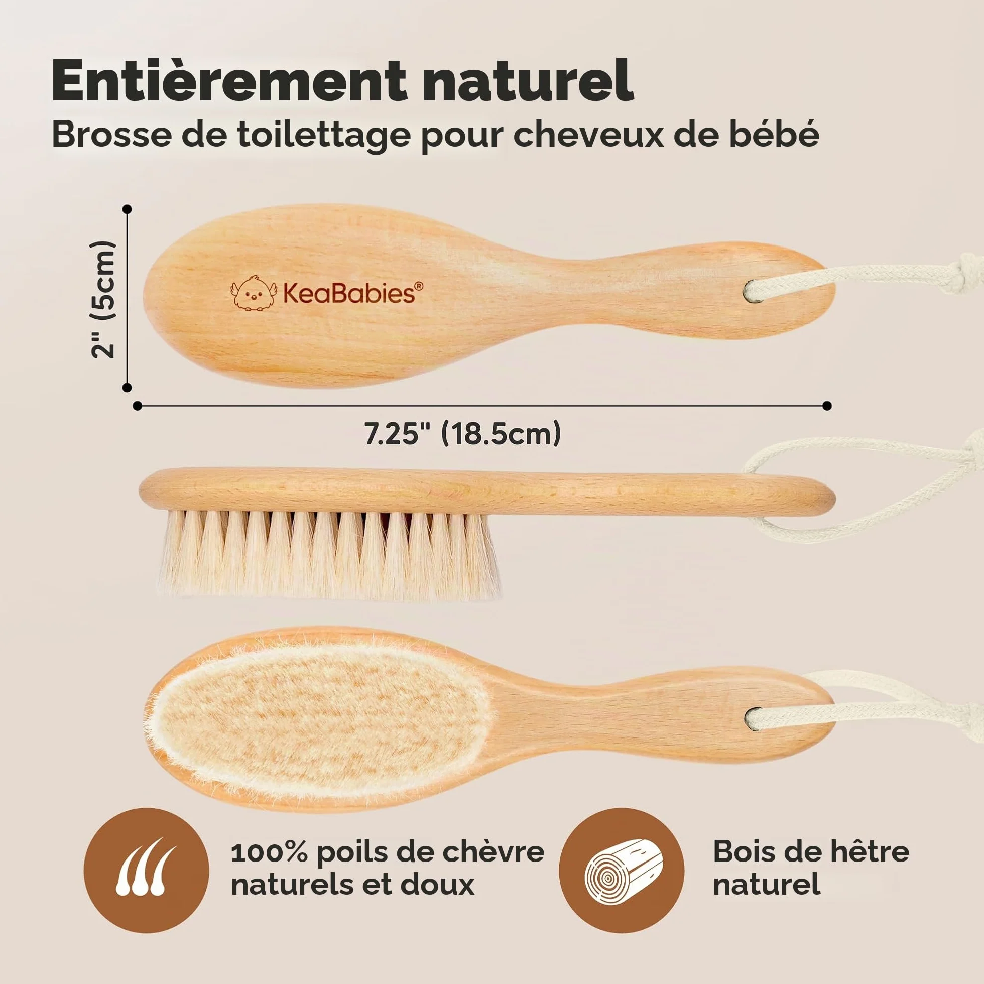 Brosse à Cheveux Bébé Nouveau-né en Bois Naturel Poils de Chèvre Doux