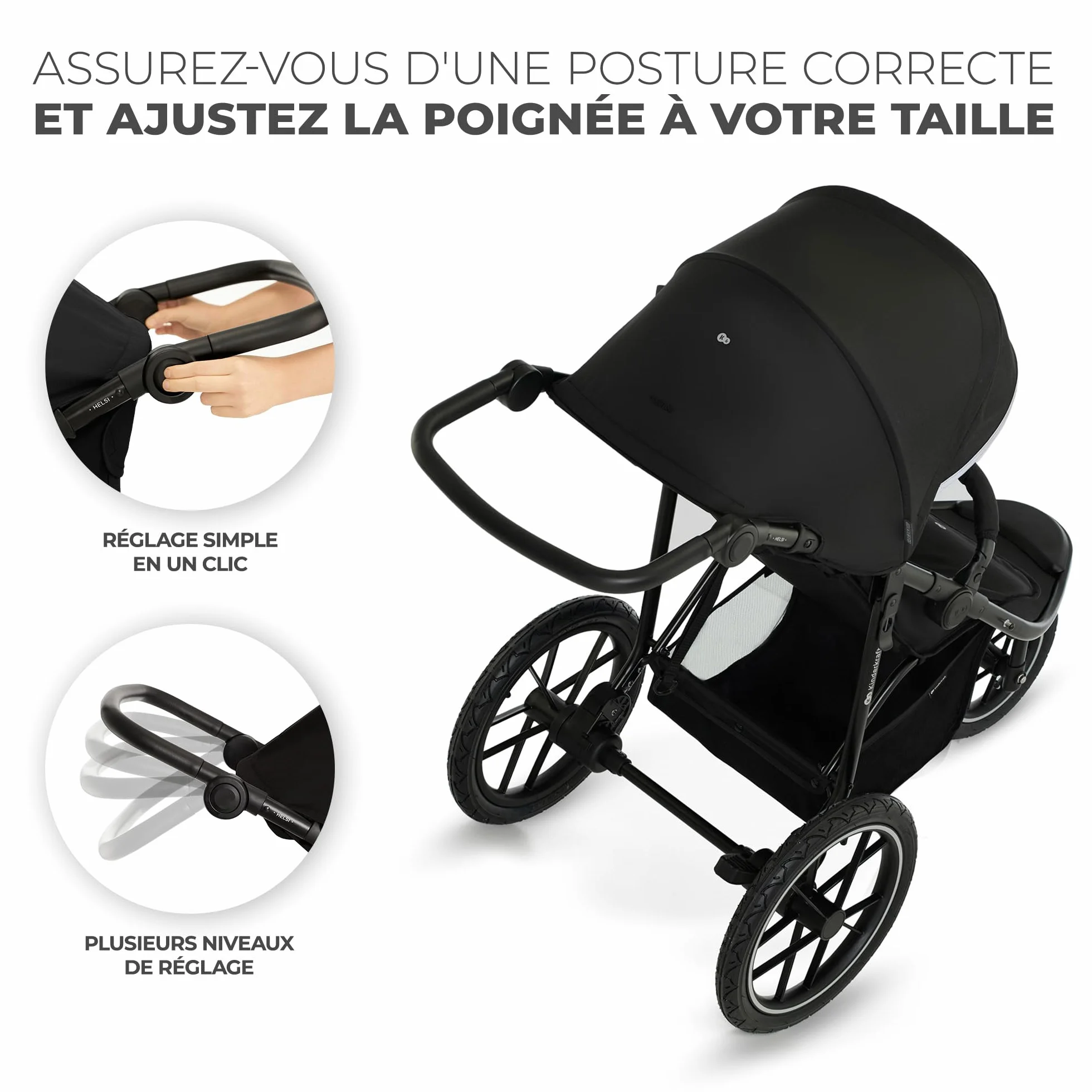 Kinderkraft HELSI 2 Jogger Poussette Sportive 3 Roues Dès La Naissance 22 Kg Réglable Gris