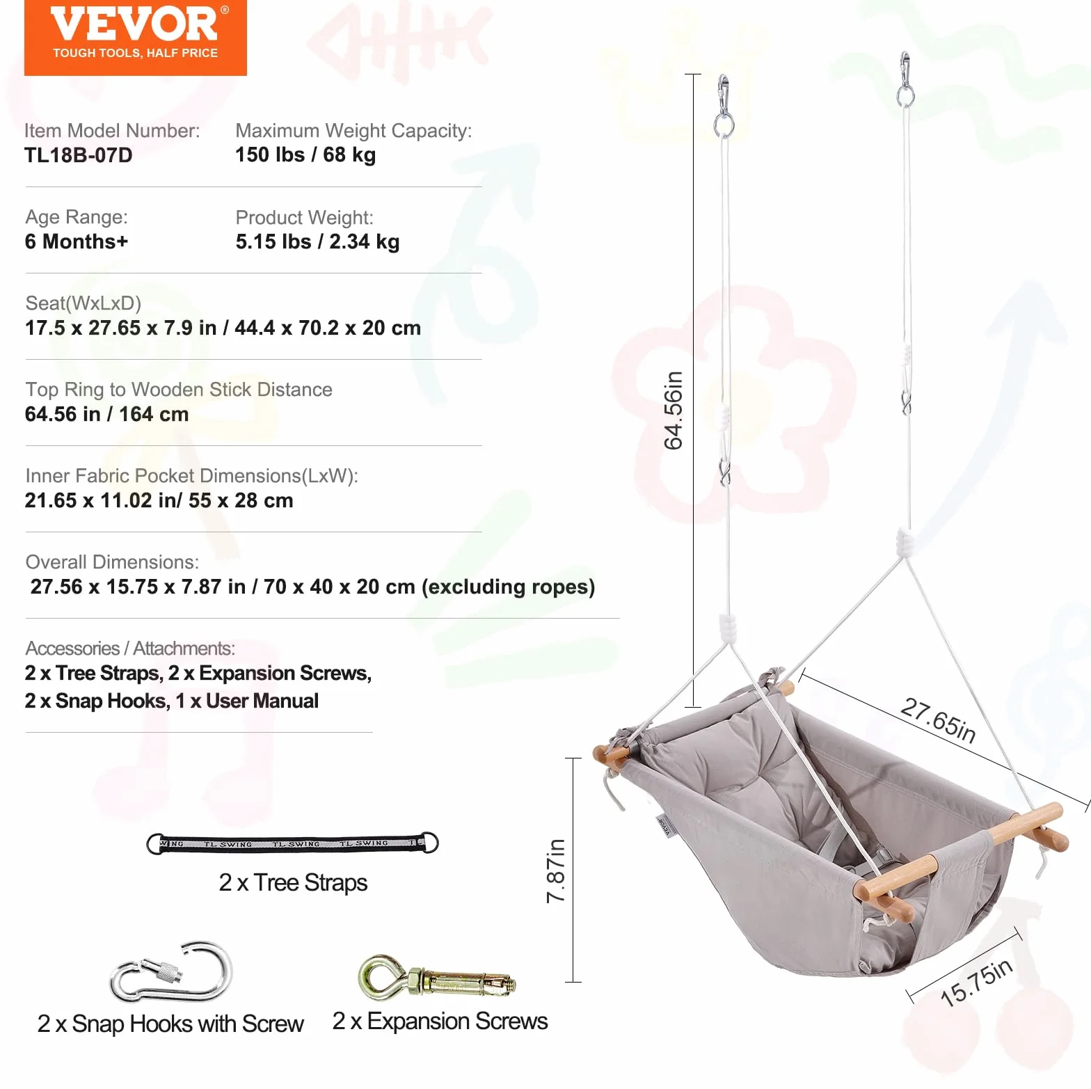 VEVOR Balançoire Hamac Bébé 3 Modes, 68 kg, Harnais 5 Points, Intérieur Extérieur