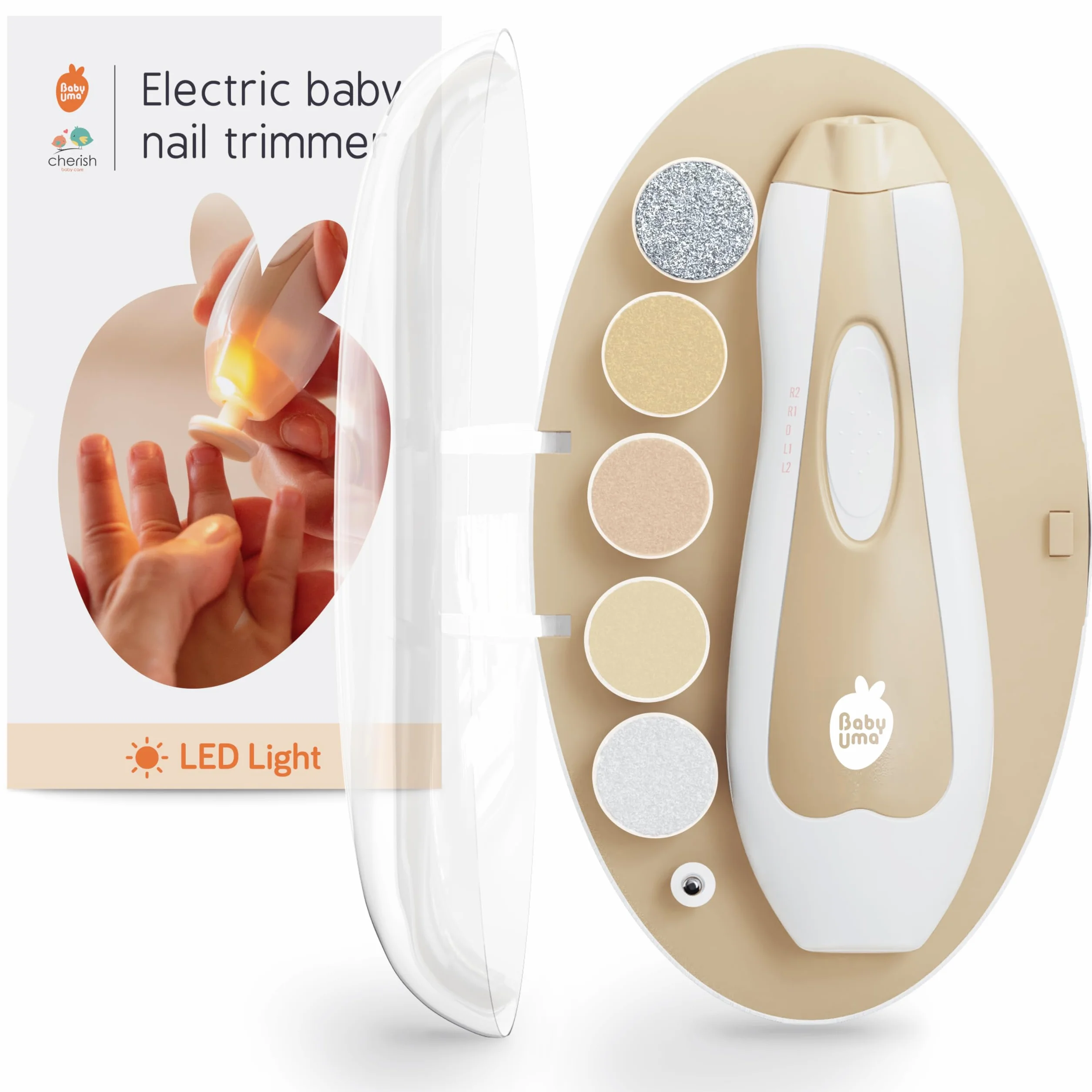 Cherish Baby Care Lime à Ongle Électrique Bébé LED avec Arrêt de Sécurité Automatique, 2 Vitesses, 6 Limes et Étui de Voyage