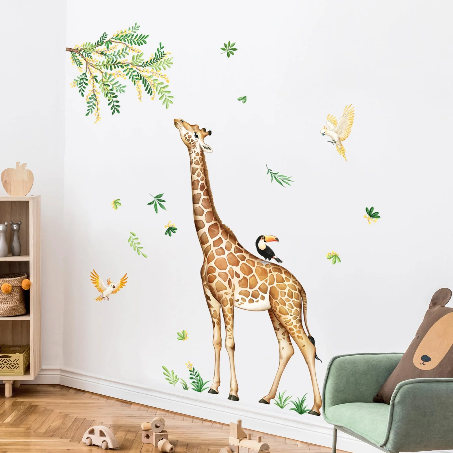 Girafe Stickers Muraux Animaux Jungle Décoration Murale Safari Feuilles Vertes Chambre Bébé Enfant