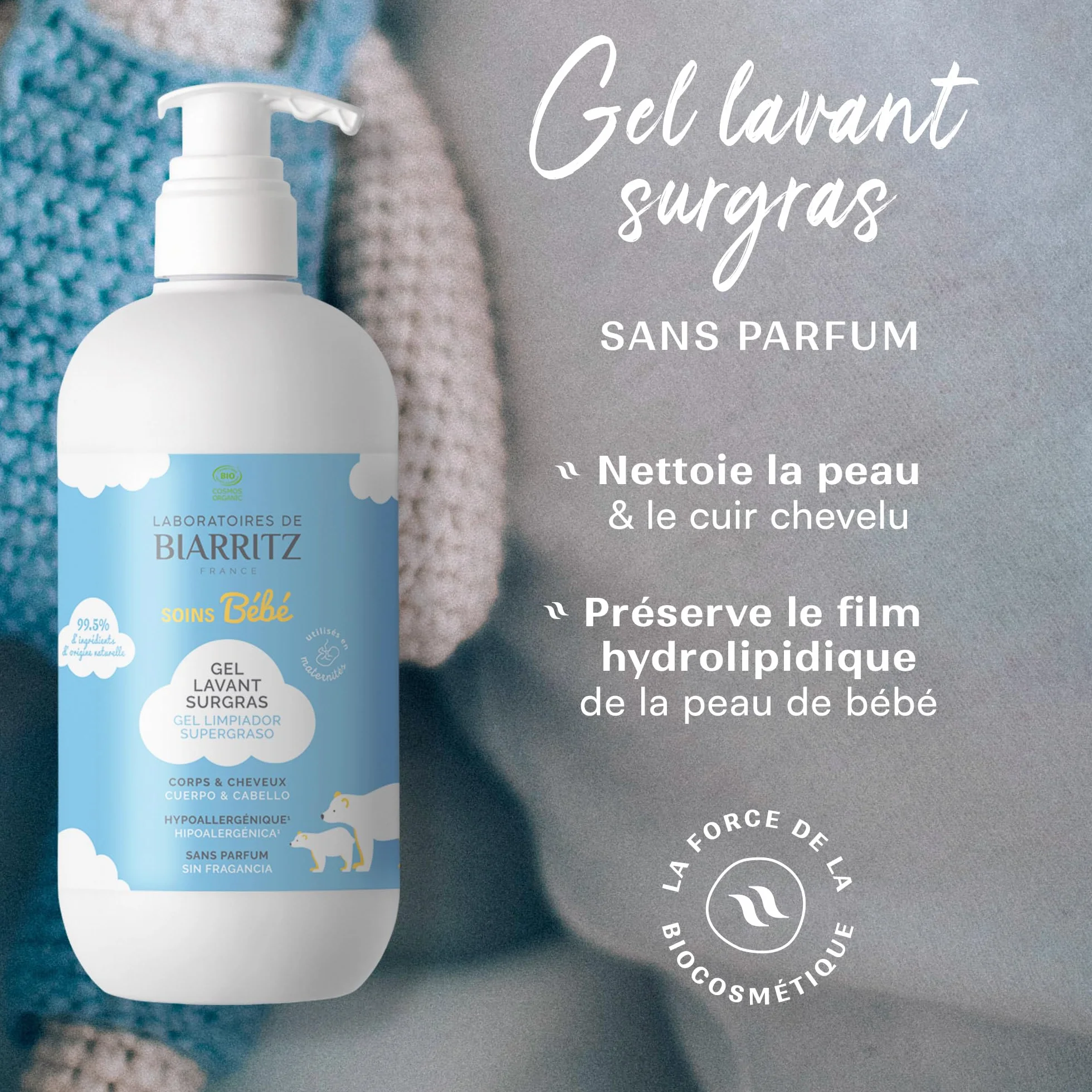 Laboratoires de Biarritz Gel Lavant Surgras Bébé Sans Parfum pH Neutre Certifié Bio 500 ml Fabriqué en France