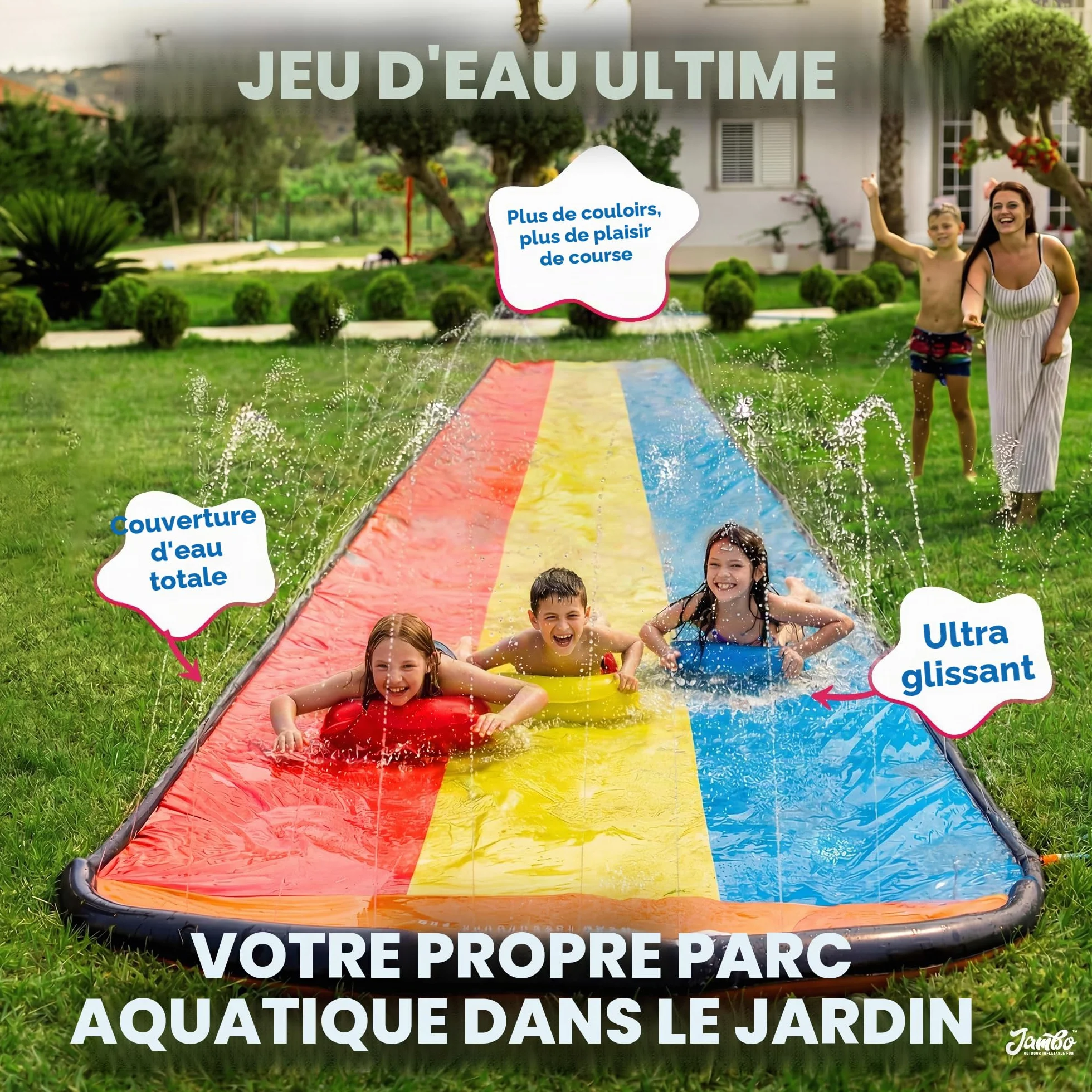 JAMBO Ventriglisse Toboggan Aquatique 610 cm Tapis de Glisse Eau Enfant Triple Piste avec 3 Bodyboards