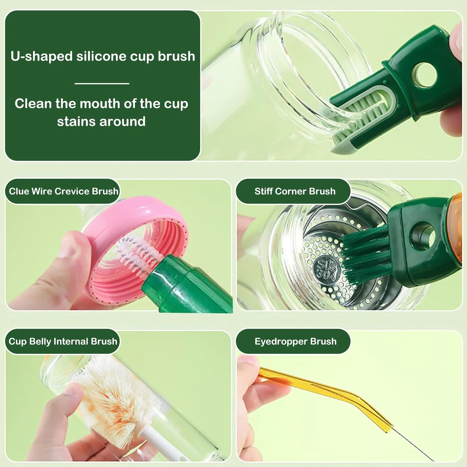 Brosse de Nettoyage Bouteille d'eau Multifonctionnelle 5 en 1 pour Biberons, Thermos, Pailles (Vert)