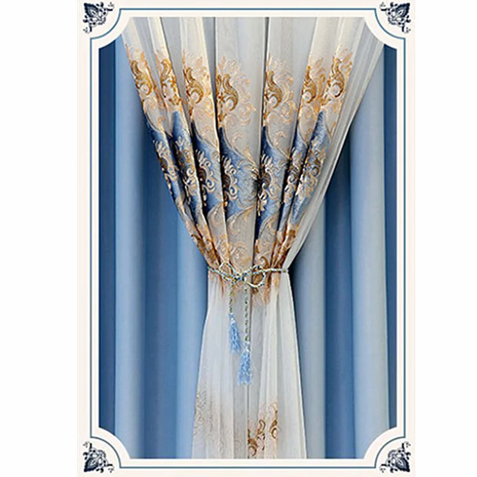 Rideaux occultants double couche dentelle brodés 167x213 cm bleu