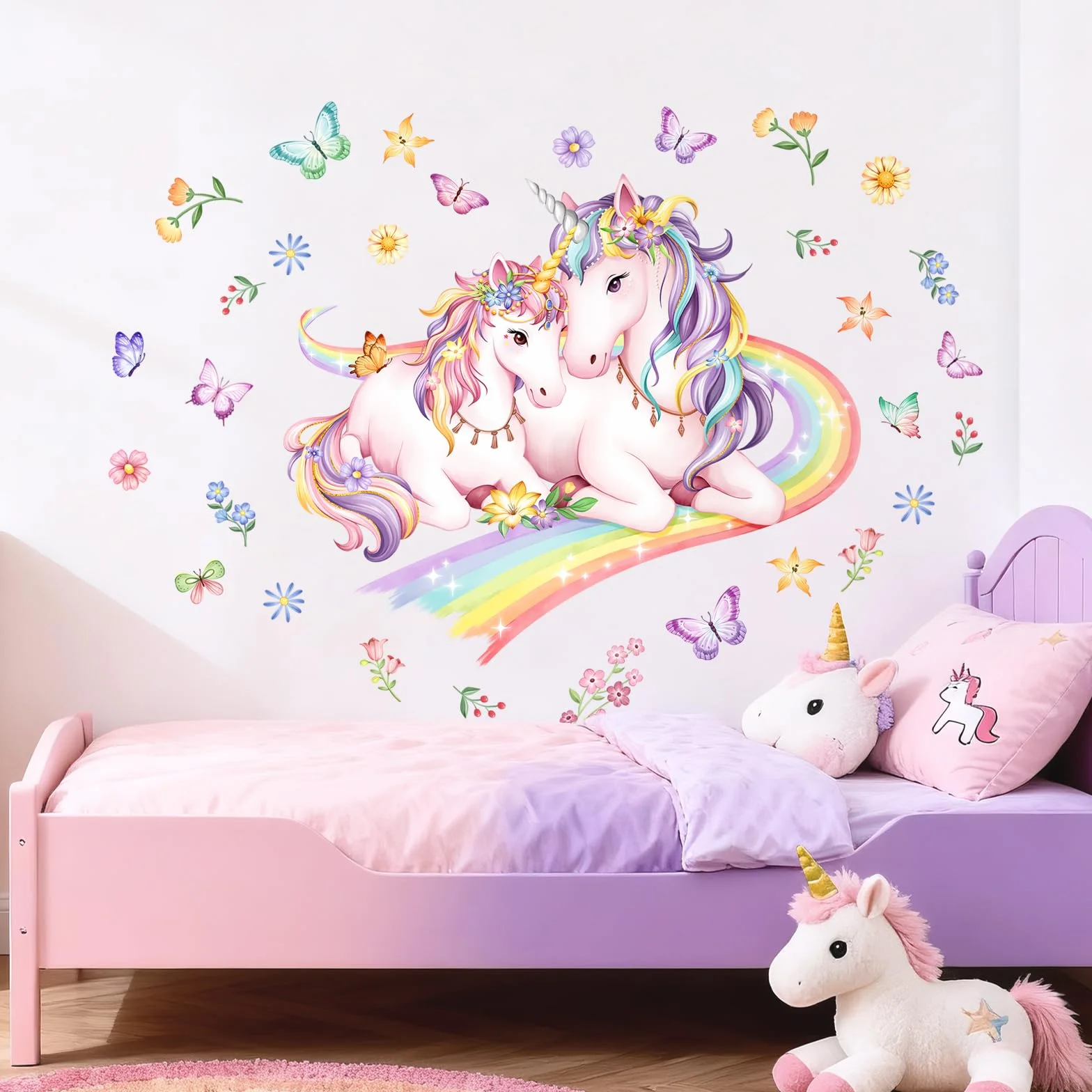 Autocollant Muraux Licorne Arc-en-ciel Fleur Papillons pour Chambre Enfants