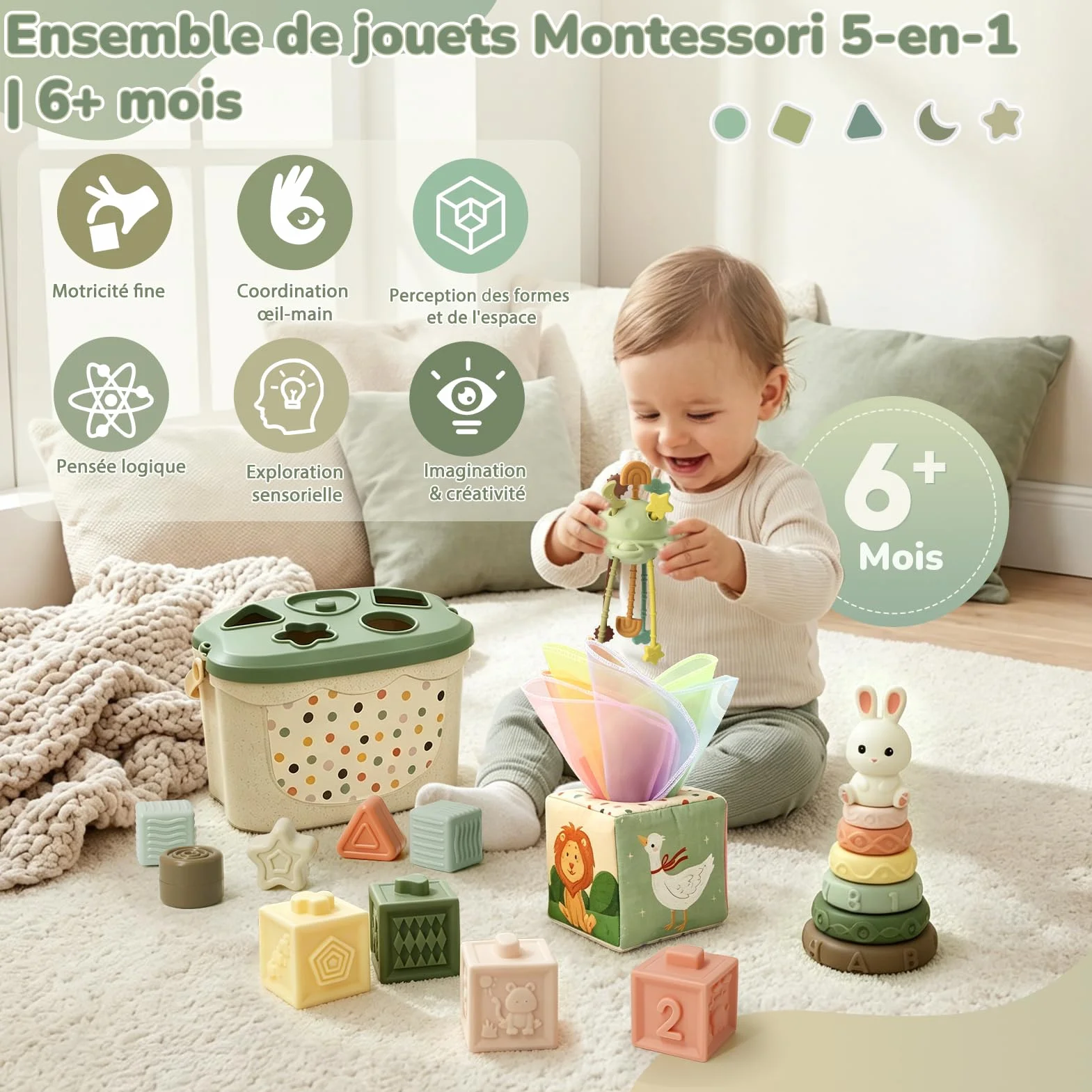Jouet Bébé 6 Mois Montessori 5 en 1 – Jeux d’éveil 6-12 Mois avec Trieur de Formes, Boîte à Mouchoirs, Empilement | Jouet Sensoriel Cadeau pour Enfants 7 8 9 Mois