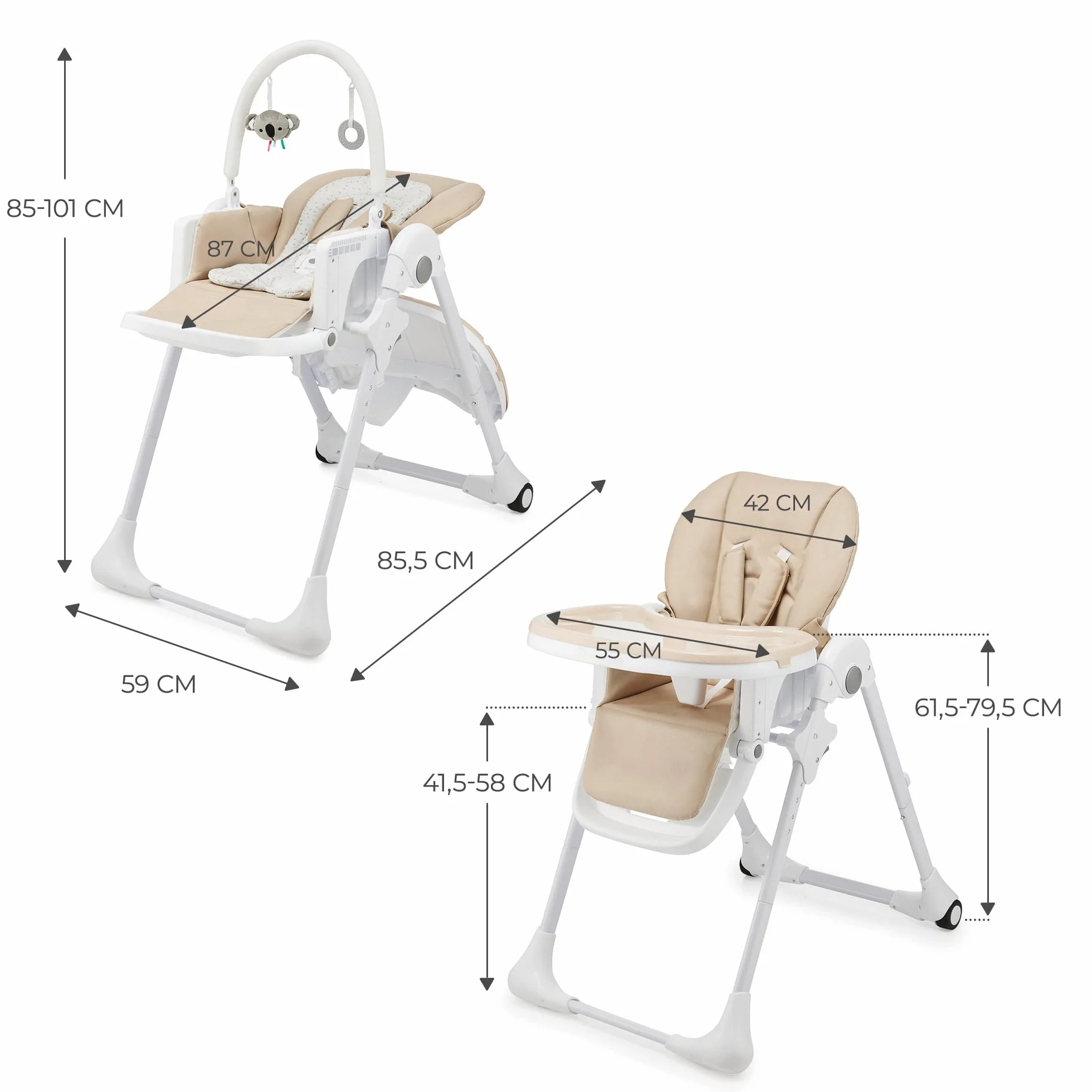 Kinderkraft TUMMIE Chaise Haute 2 en 1 Ergonomique Pliable avec Hauteur Réglable Beige