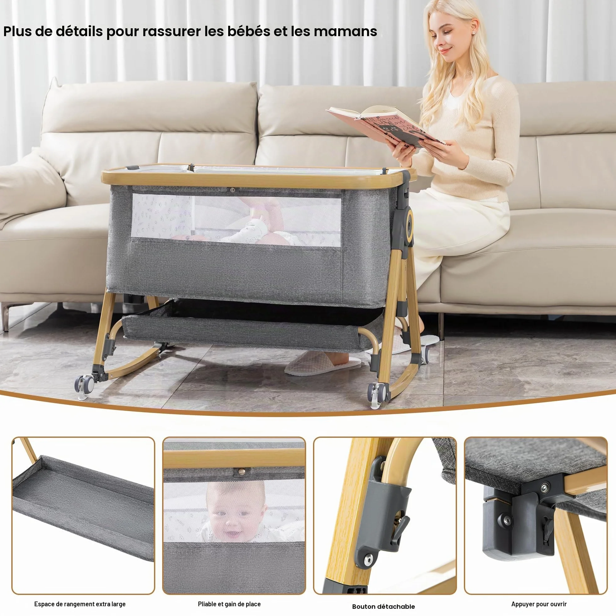 YAZOCO Berceau Bébé 3 en 1 Lit Cododo avec Matelas, Hauteur Réglable 6 Niveaux, Inclinaison 5° Scientifique, Panier Rangement Gris