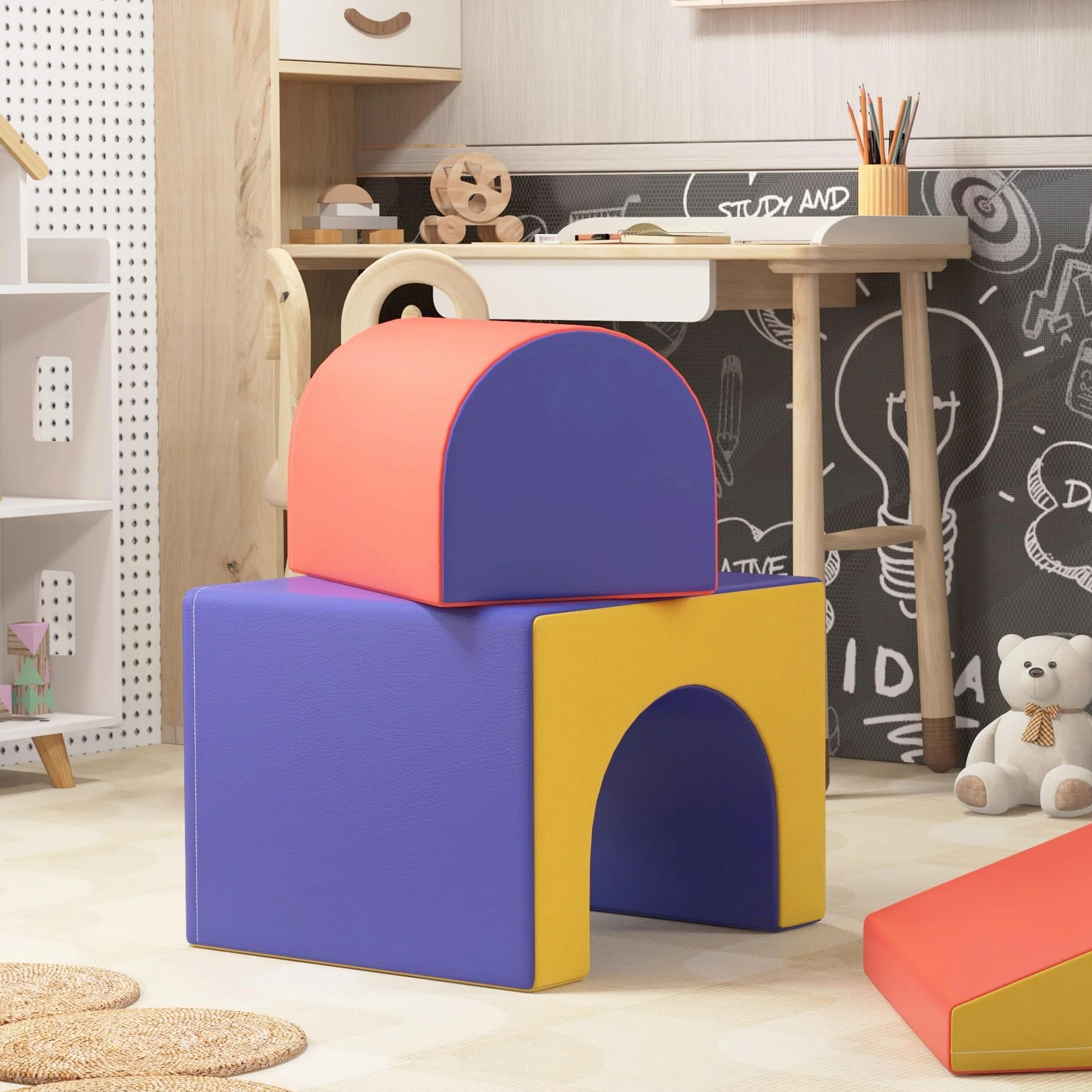 HOMCOM Parcours motricité bébé 4PCS, Module motricité bébé en Mousse EPE avec Housse revêtement synthétique, Blocs Mousse Construction, Jouets éducatifs Enfants préscolaire, Multicolore