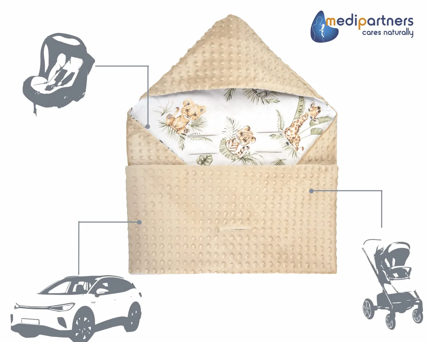 Couverture enveloppante Bébé Siège Auto 85x85cm Oeko-Tex Nid d'Ange Safary Minky Beige