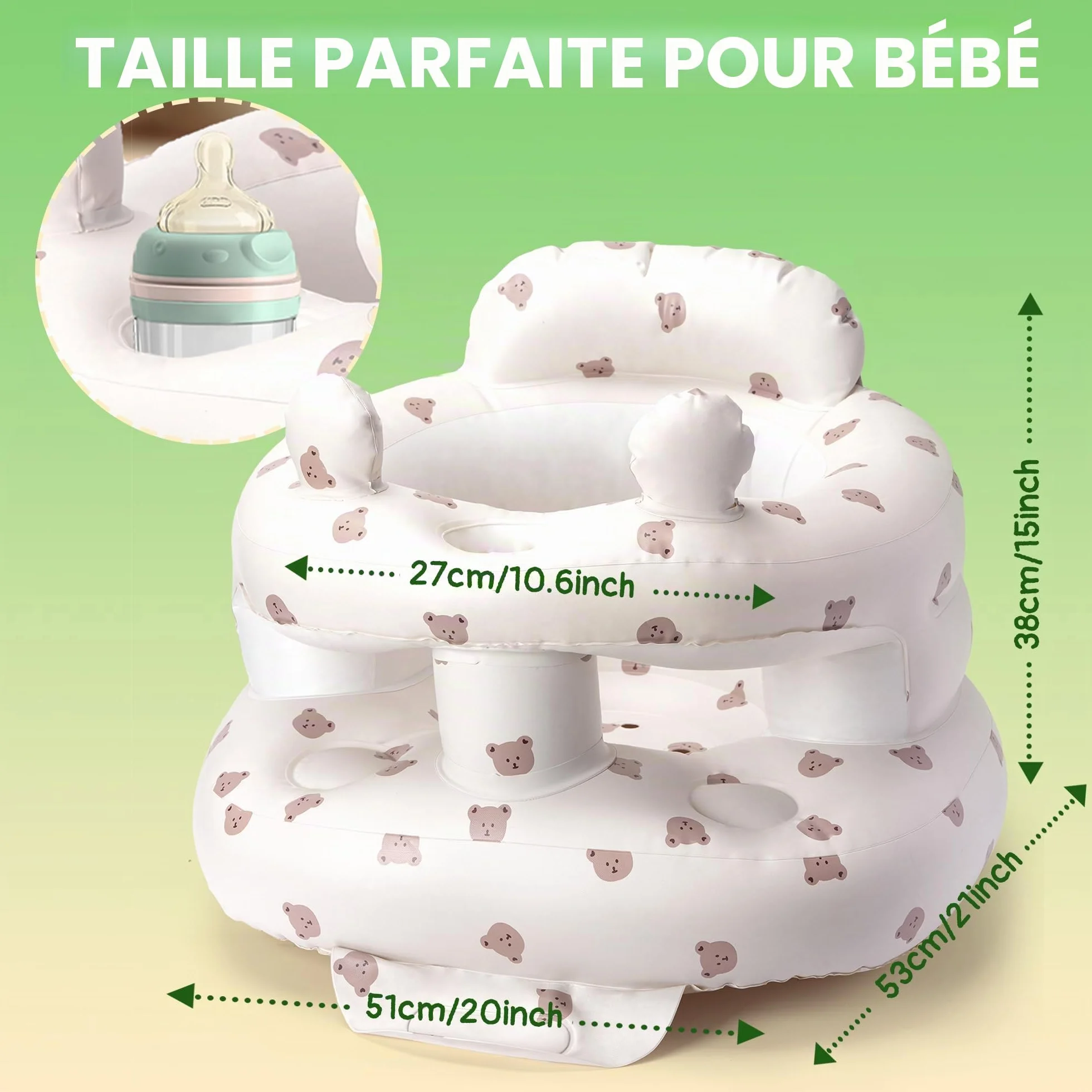 Siège bébé gonflable Zolirao avec pompe à air intégrée, portable 3-36 mois, soutien dos et nuque, sans BPA, motif ours