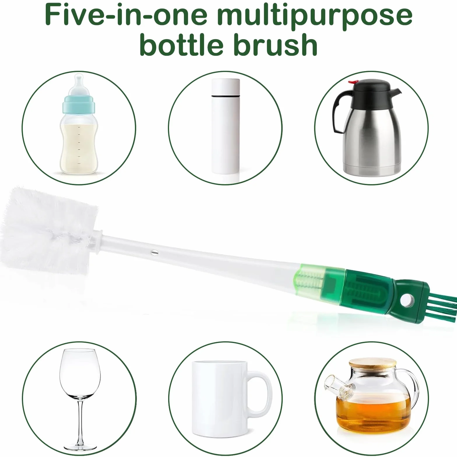 Brosse de Nettoyage Bouteille d'eau Multifonctionnelle 5 en 1 pour Biberons, Thermos, Pailles (Vert)