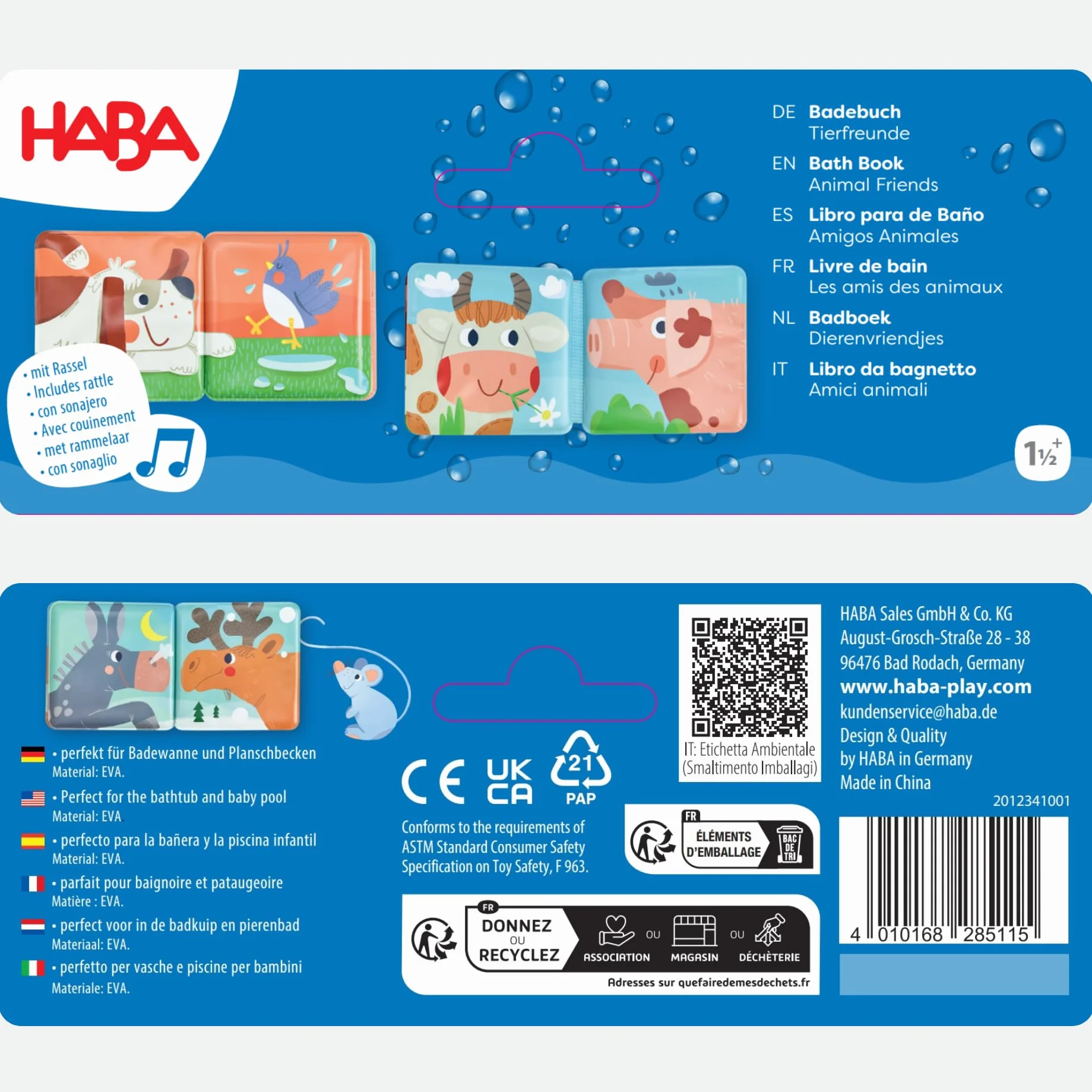HABA Livre de Bain Les Amis des Animaux - Plaisir Aquatique dès 6 Mois avec Fonction cliquetis colorée