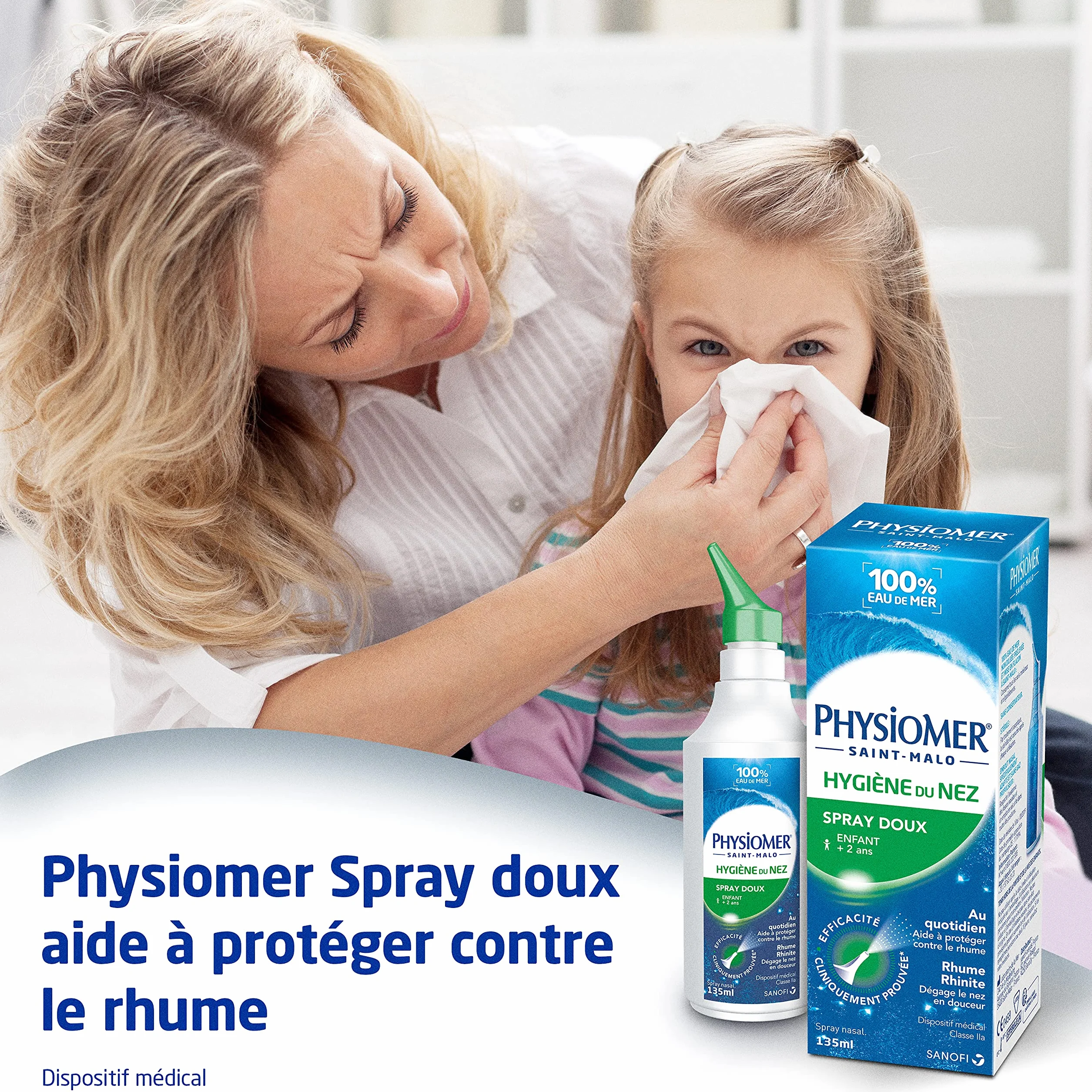 Physiomer Spray Doux Spray nasal 100% Eau de mer Dispositif médical Hygiène du nez Rhume et Rhinite Lot de 2x135ml
