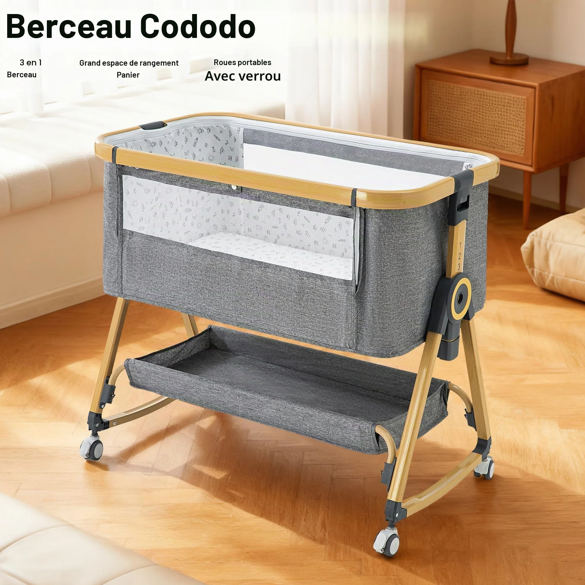 YAZOCO Berceau Bébé 3 en 1 Lit Cododo avec Matelas, Hauteur Réglable 6 Niveaux, Inclinaison 5° Scientifique, Panier Rangement Gris