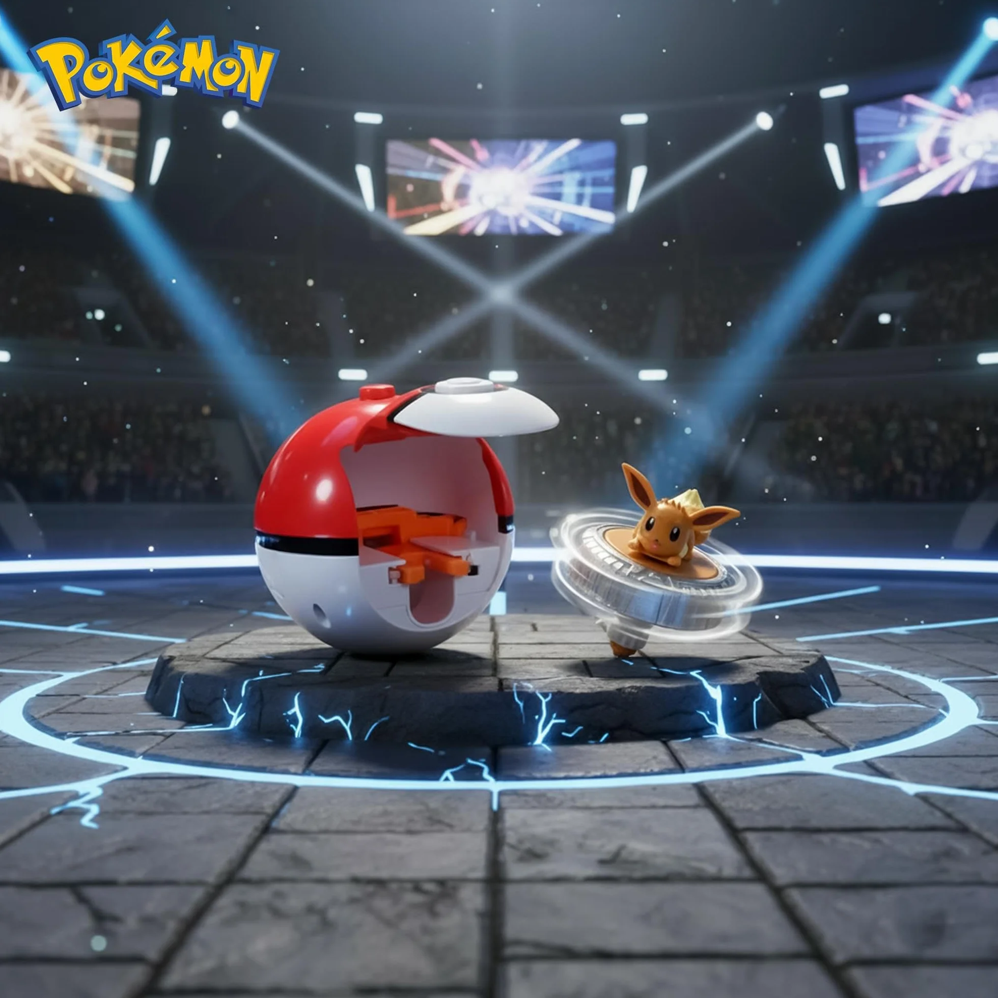 Pokémon Pack de toupies de Combat Évoli Toupie de Combat avec Lanceur de toupie Poké Ball