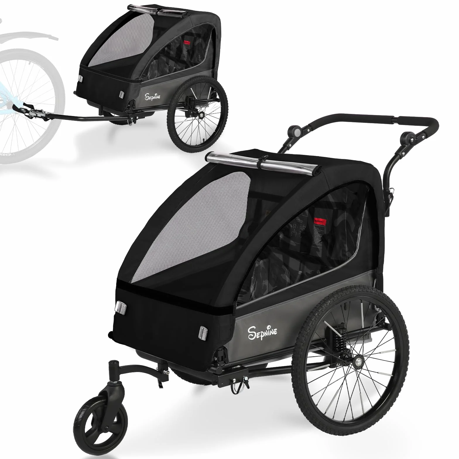 SEPNINE Remorque et Poussette 2 en 1 avec Suspension, remorque de vélo pour 1 à 2 Enfants, Pliable, Noir