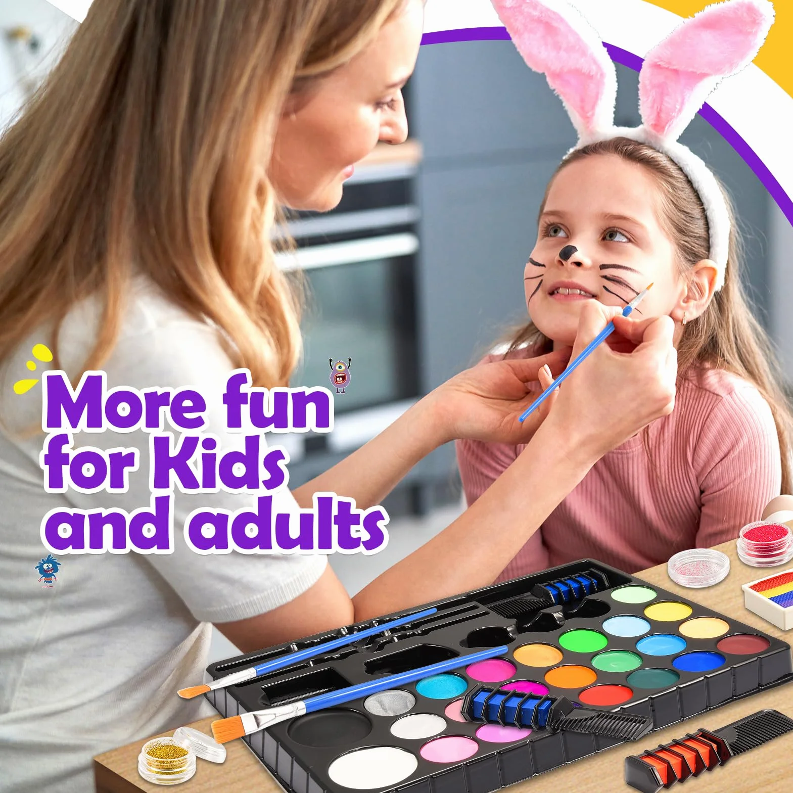Peinture Visage Enfant 28 Couleurs Palette Maquillage Carnaval avec 3 Pinceaux 30 Pochoirs