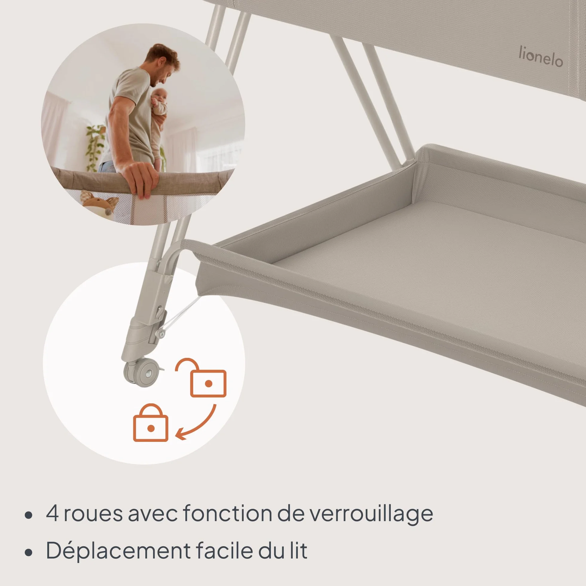 Lionelo Luna Lit Bebe Indépendant Cododo avec Matelas Co-Sleeping Nouveau-né 9 kg Hauteur Inclinaison Réglables 4 Roues Blocage Fixation Lit Parents Aéré Beige
