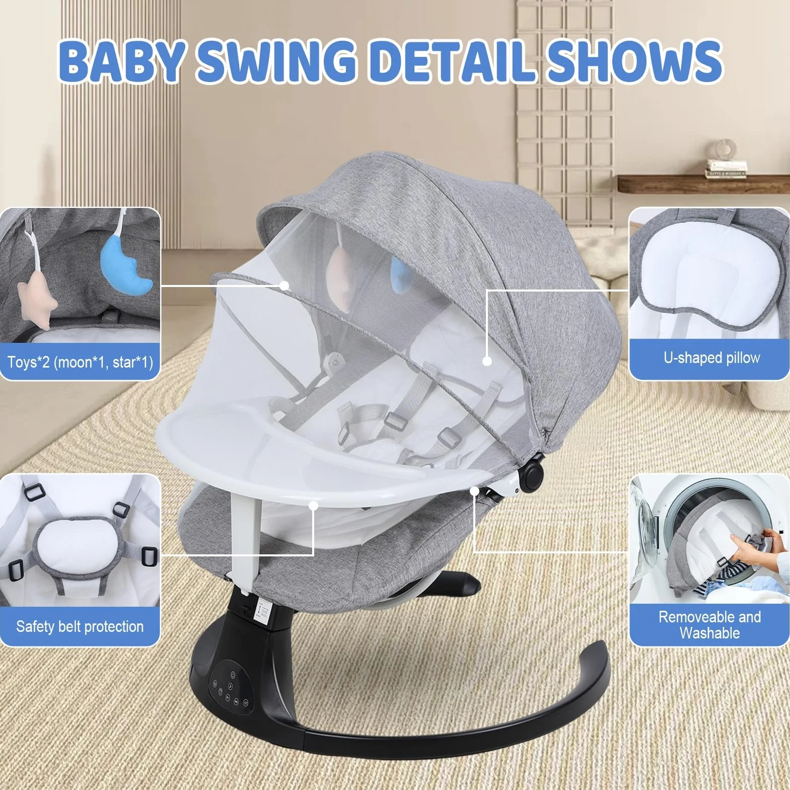 Transat Bébé Évolutif Balancelle Électrique Bluetooth Télécommande Harnais 5 Points Mouvement Up-Down Pare-Soleil 0-24