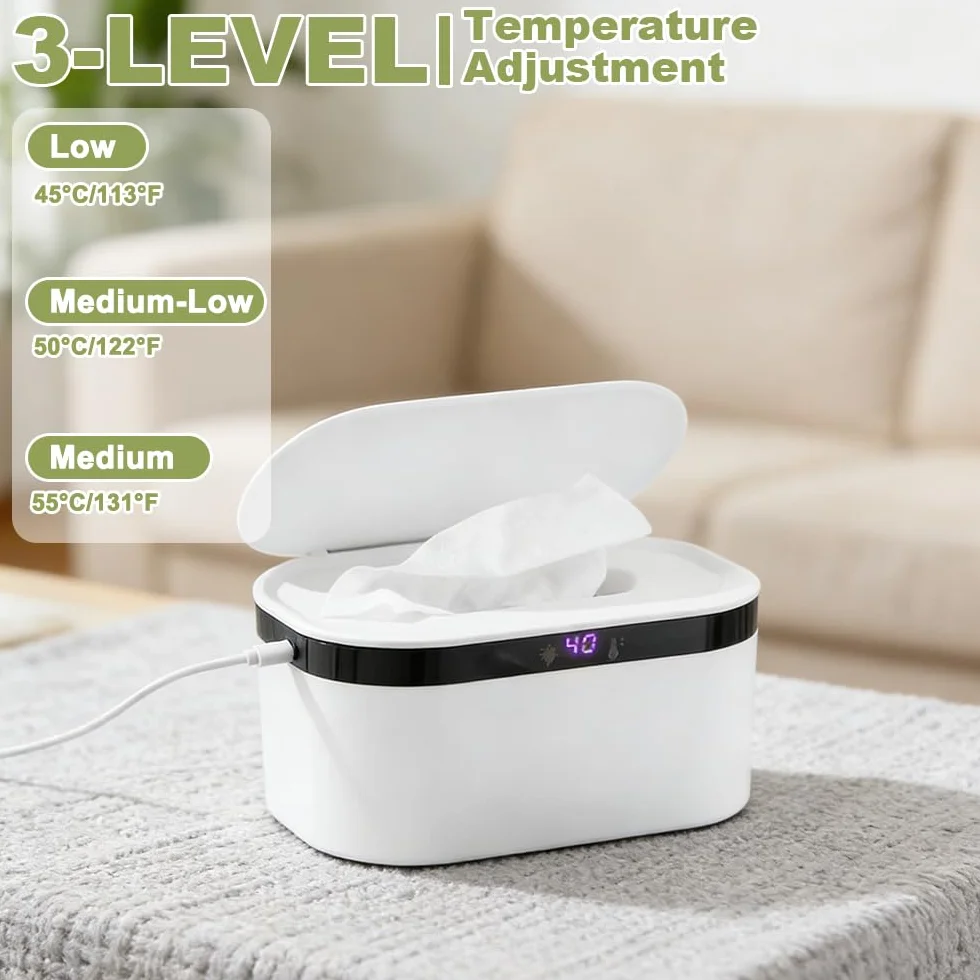 Chauffe-lingettes bébé avec veilleuse, distributeur lingettes humides 5 températures, chauffage rapide