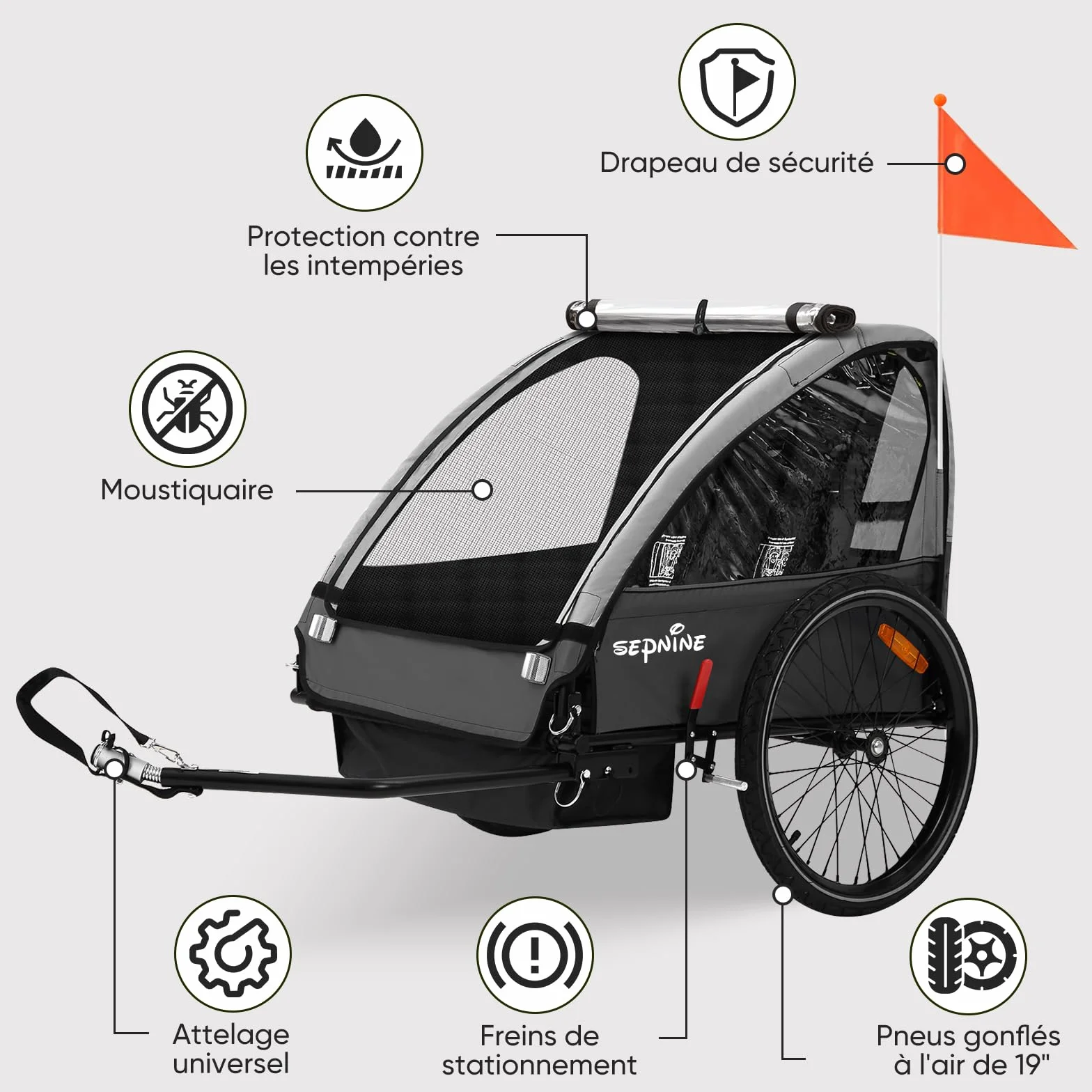 SEPNINE Remorque pour Enfant 2 Places Tout-Terrain Pliable avec Frein à Main 40 kg