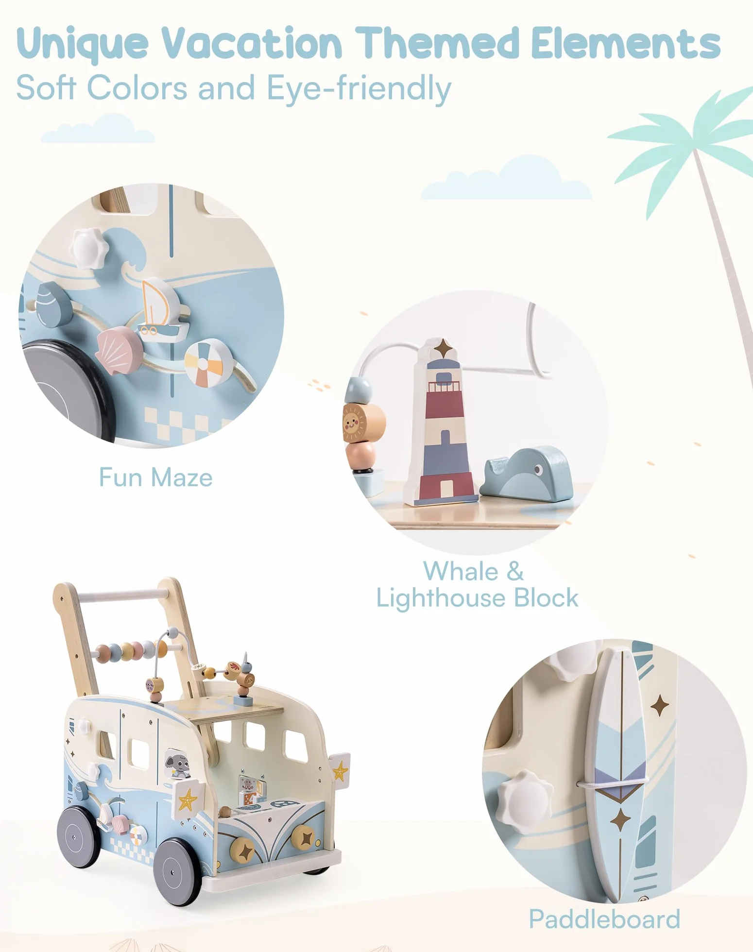 ROBOTIME Trotteur en bois bébé activité océan plage cadeau 10-36 mois