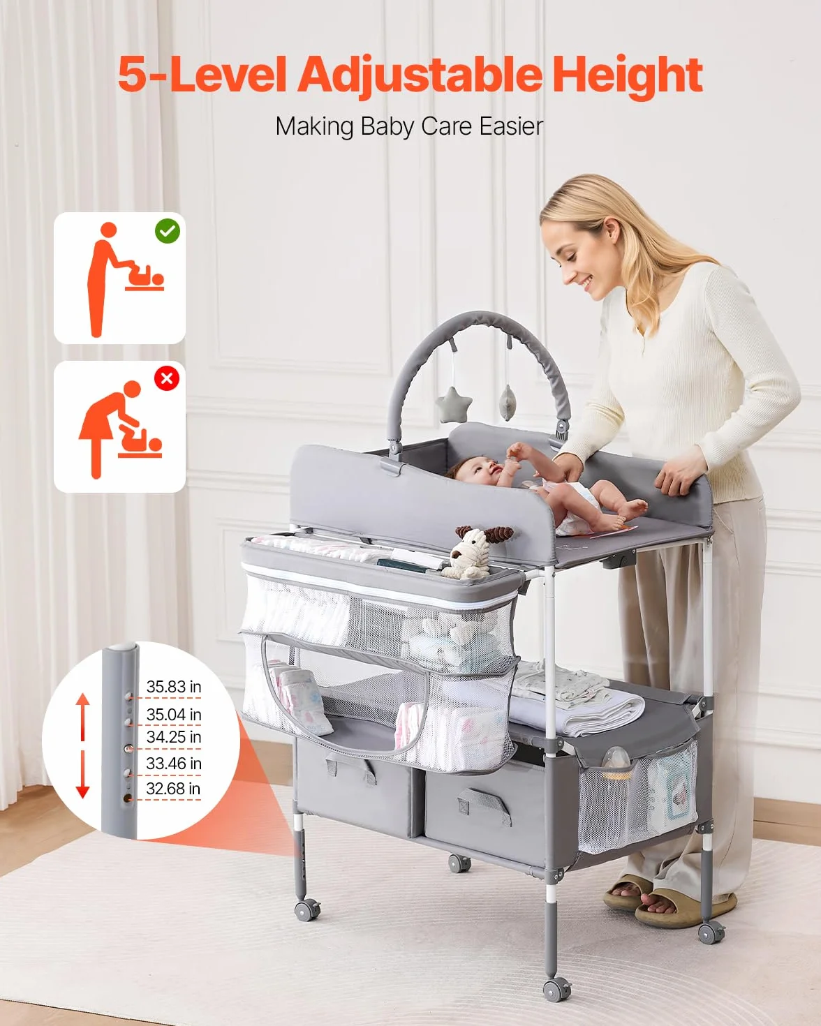 VEVOR Table à langer bébé pliable 2 tiroirs en tissu hauteur réglable roulettes verrouillables