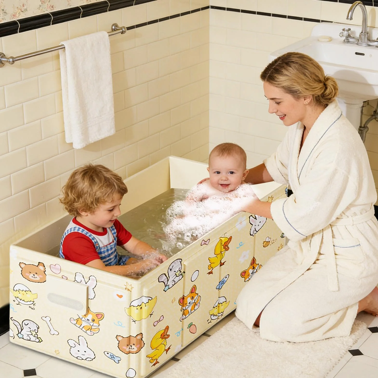 Baignoire Pliable Bébé 0-4 Ans 84x43x34cm Bassin Douche Portable avec Bouchon Vidange
