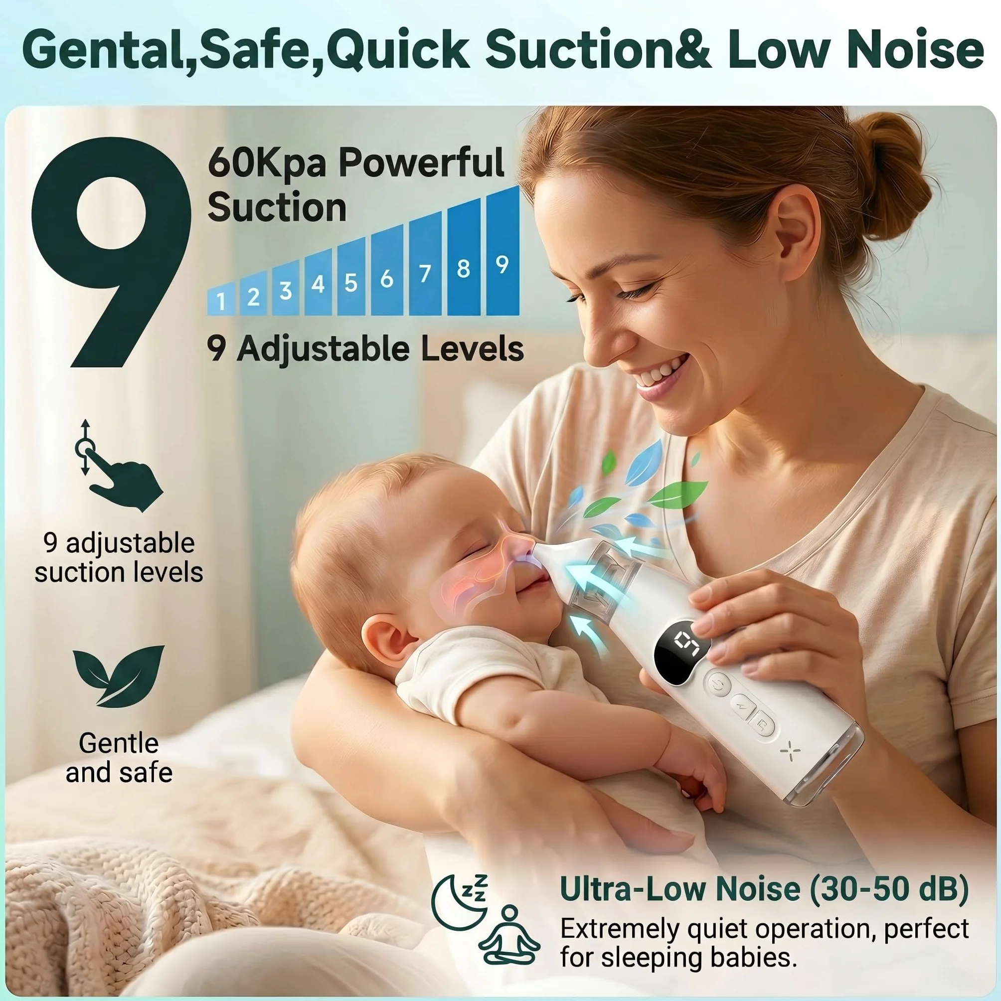 Aspirateur Nasal Bébé 60Kpa avec Écran LCD, 9 Niveaux d'Aspiration, Rechargeable USB-C, Silencieux <60dB, Anti-reflux