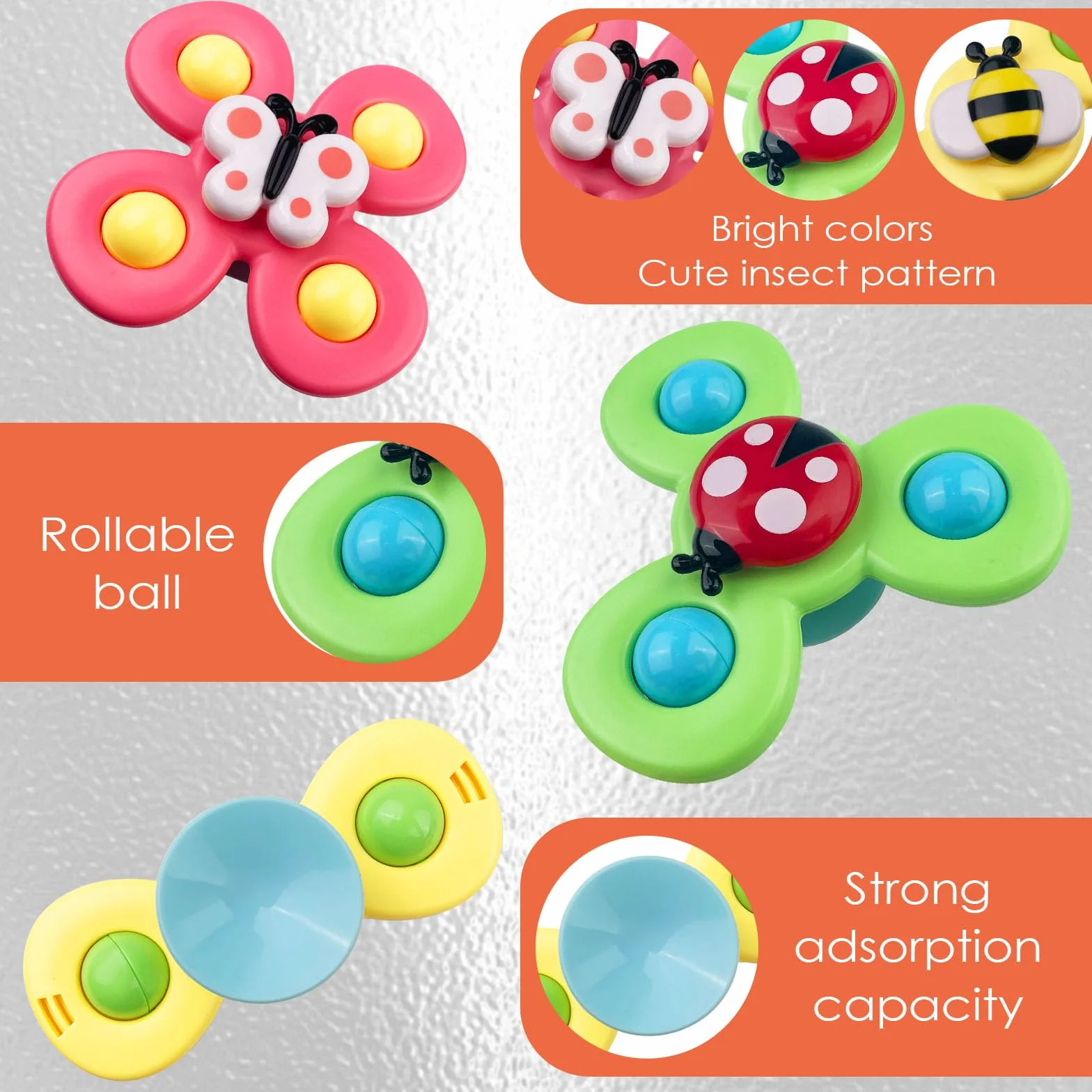 Jouet Bain Bébé 3PCS Spinner Ventouse Coccinelle Abeille Papillon Animaux Mignons
