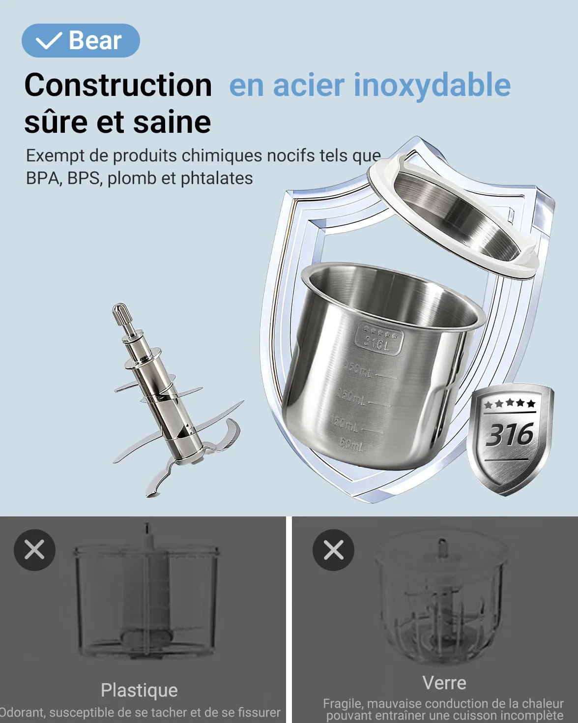 Bear NutriEase AllStage Robot Cuiseur Bébé Multifonctions 10 en 1 Acier Inoxydable, Cuiseur Vapeur Mixeur OneStep, Sans BPA