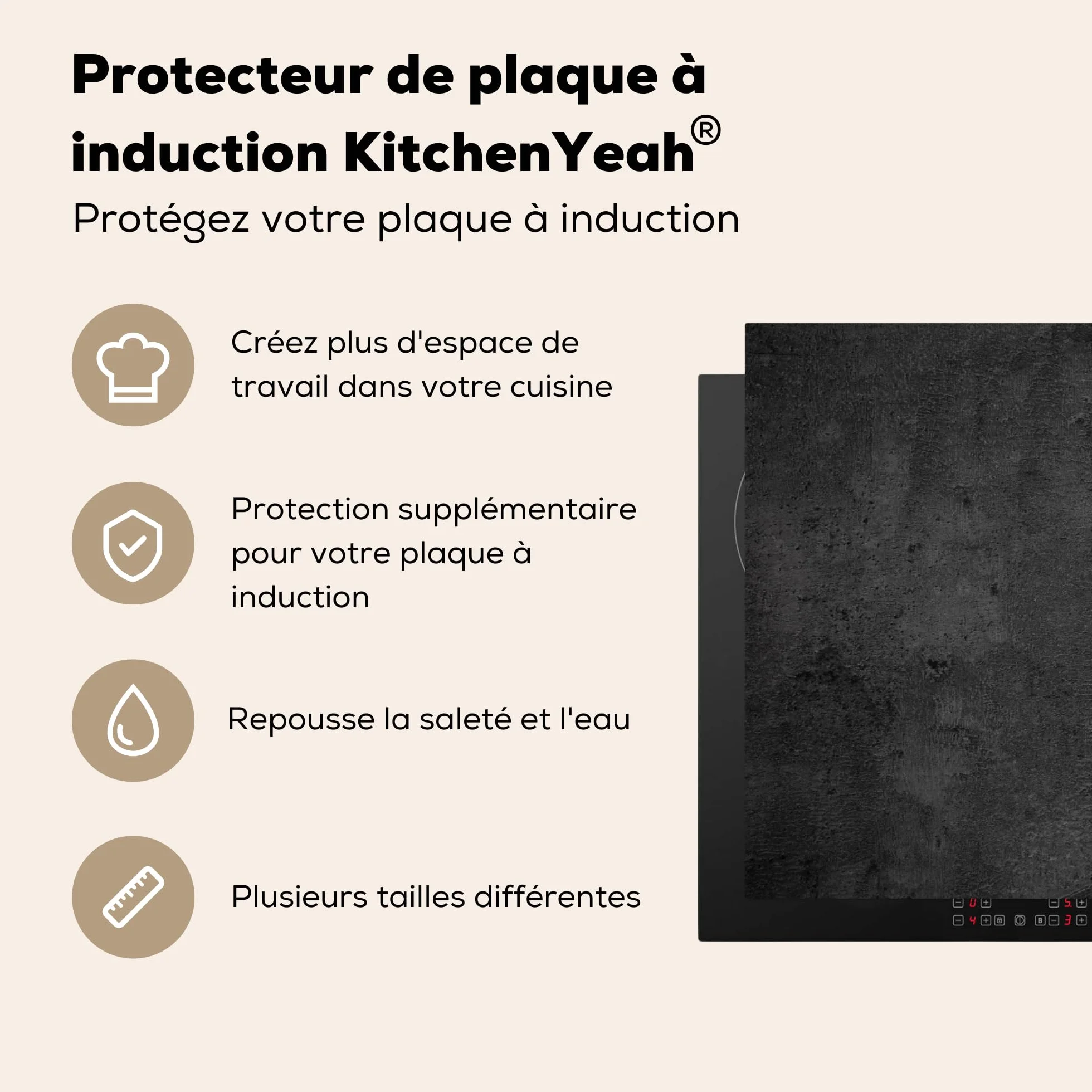 KitchenYeah Protection Plaque Cuisson Cache Induction 80x52 cm Béton Gris Noir