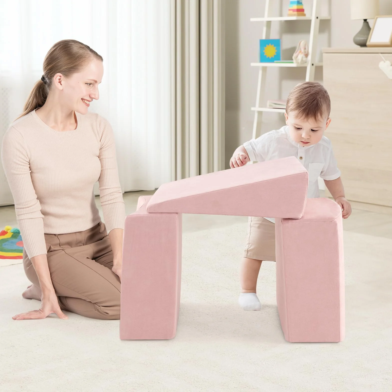 DREAMADE Parcours de motricité Bébé 5PCS avec Housse Lavable, Blocs de Construction avec Piscine à Balles, pour Enfant 3+ Ans (Rose)