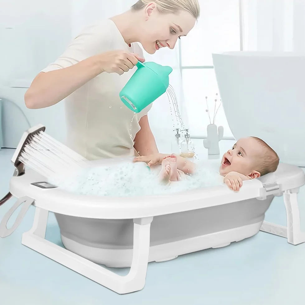 Baignoire Pliable Bébé avec Thermomètre à eau 80x50x23 Gris