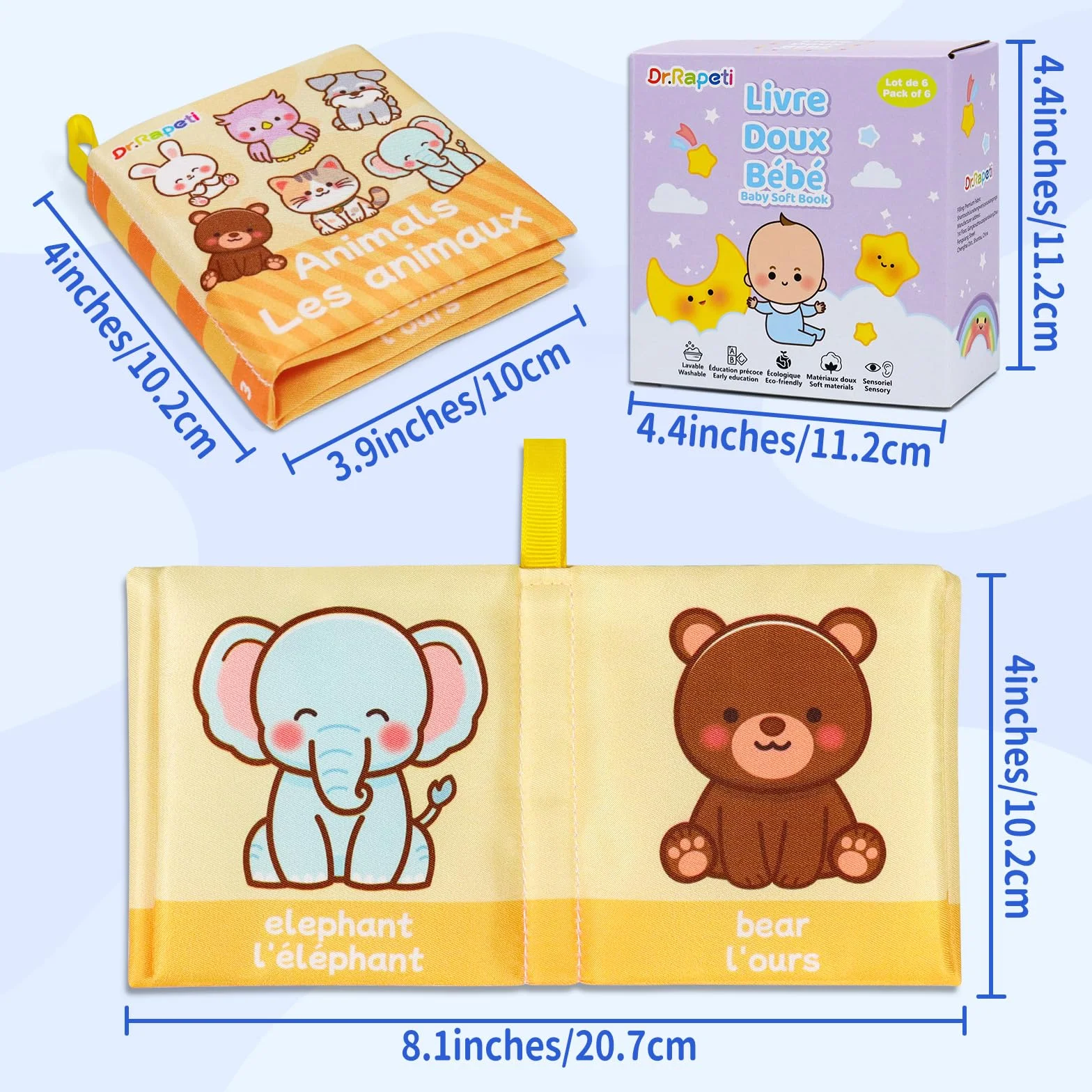 Dr.Rapeti Lot de 6 Livre Bebe en Tissu Doux Français, Livres d'Éveil, Jouet Éducatif Sonore, Livre Sensoriel