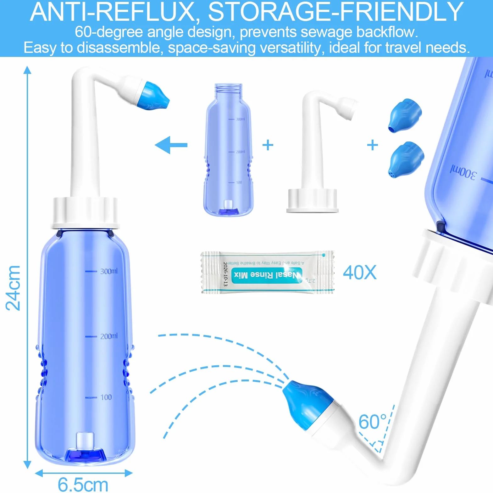 Lavage Nez 300ml Seringue Nasale Adulte avec Sachets de Sel Nasal Kit Irrigation Nasale
