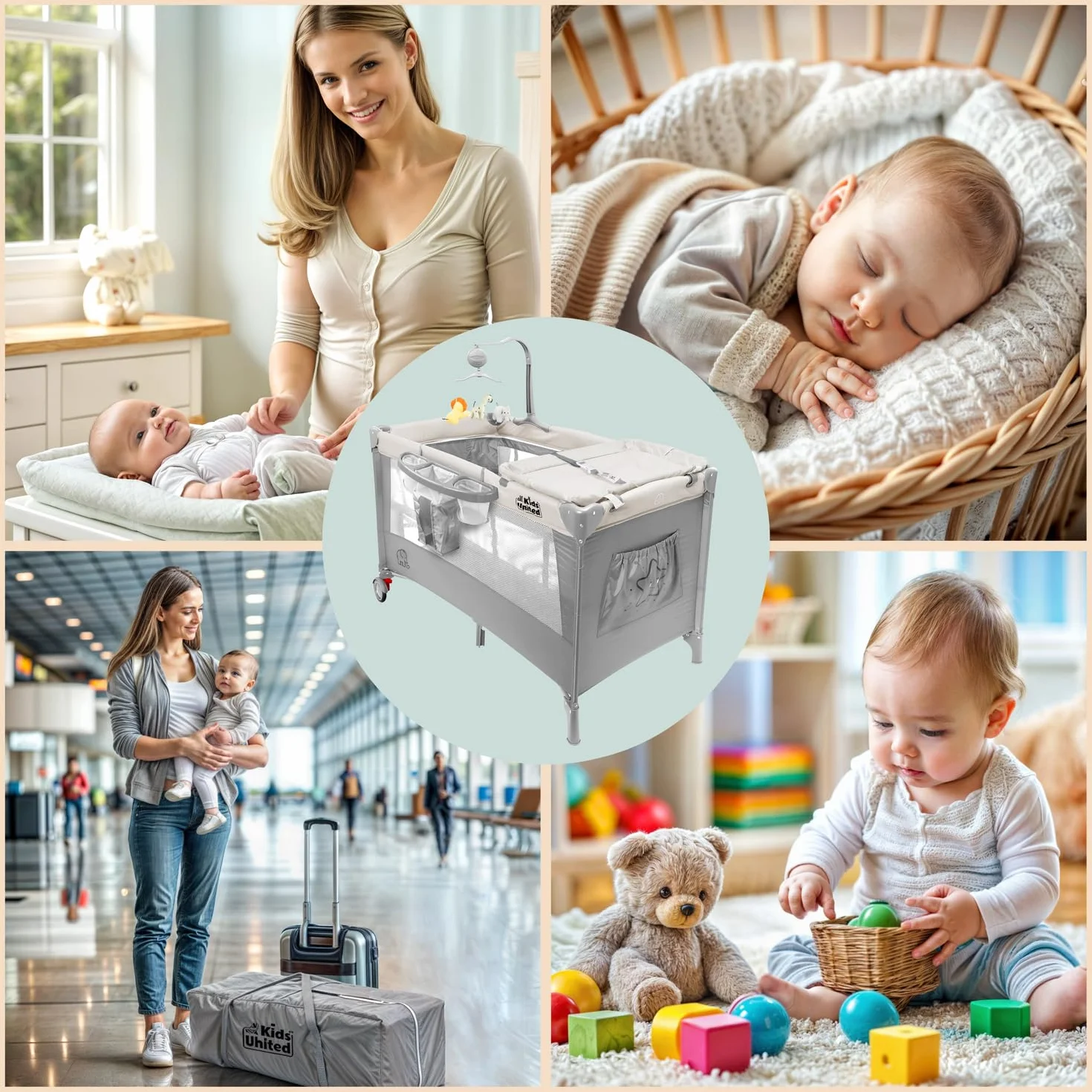 Lit de Voyage pour Bébé Deluxe all Kids United avec Matelas à Langer et Mobile Gris