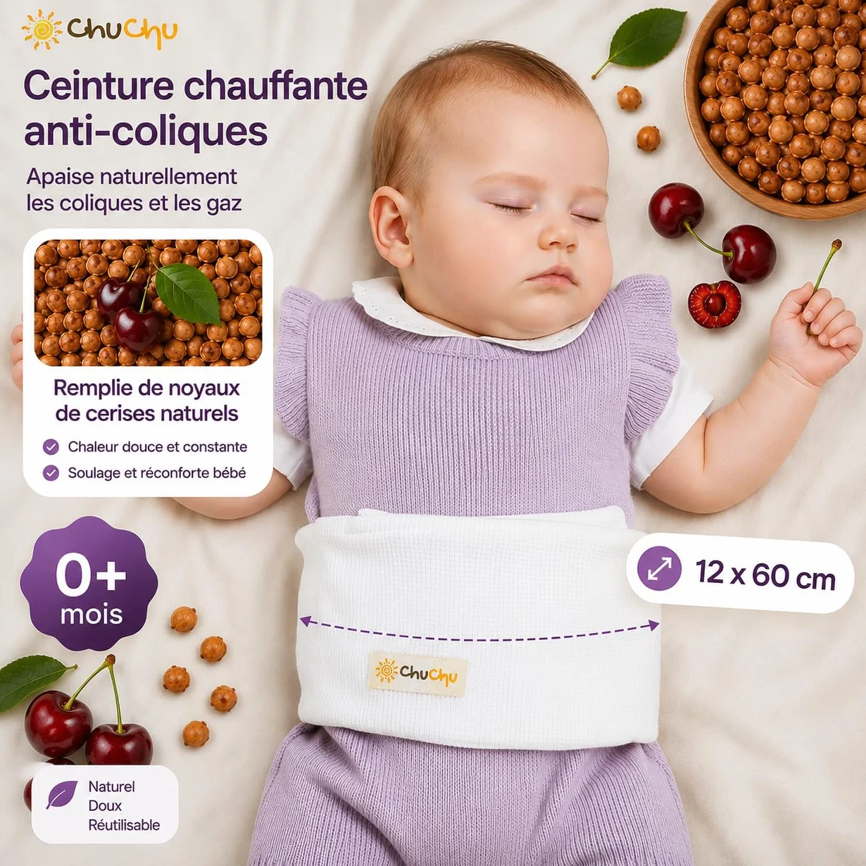 Ceinture Chauffante Bébé Anti-Coliques Bouillotte aux Noyaux de Cerise 100% Coton