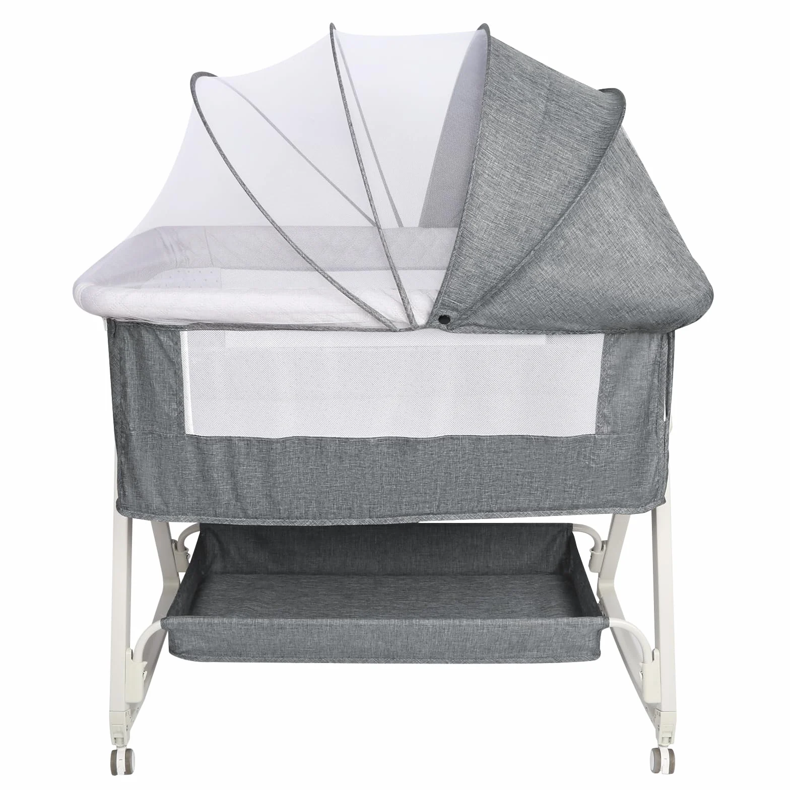 HUOLE 3 in 1 Berceau Cododo avec Matelas et Moustiquaire, lit bébé Portable avec roulettes, 92x52x106-118 cm Gris Lin