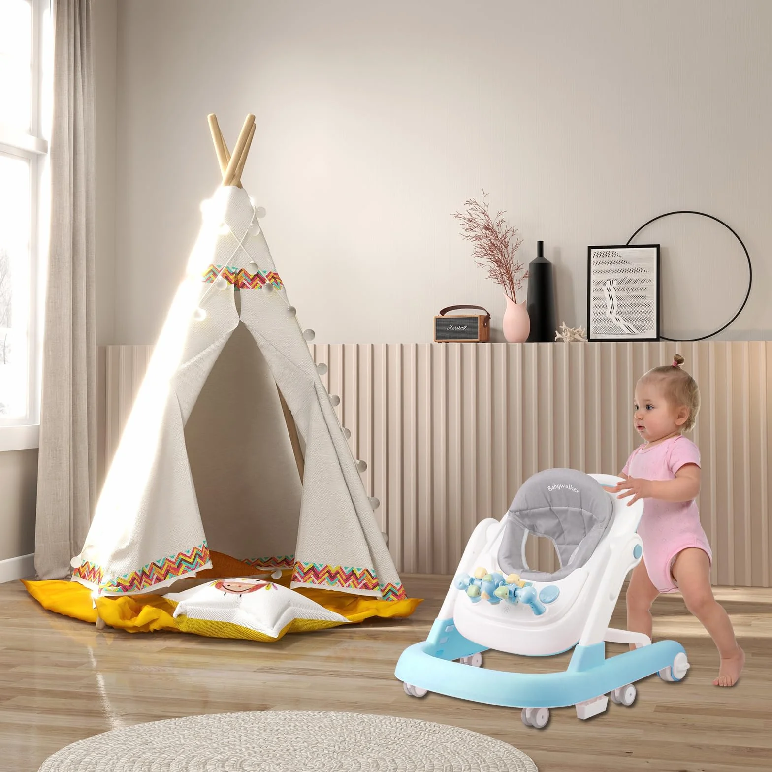 Trotteur Bébé 4-en-1 OHMG avec plateau multi-activités interactive, musique amovible, réglable en hauteur, pliable, jusqu'à 12 kg