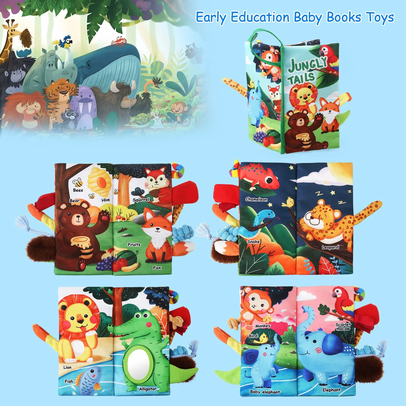 JoyPlus Jeux Montessori Bebe Eveil 0-12 Mois, Jouets Livre Tissu Sensoriels Animaux avec Miroir