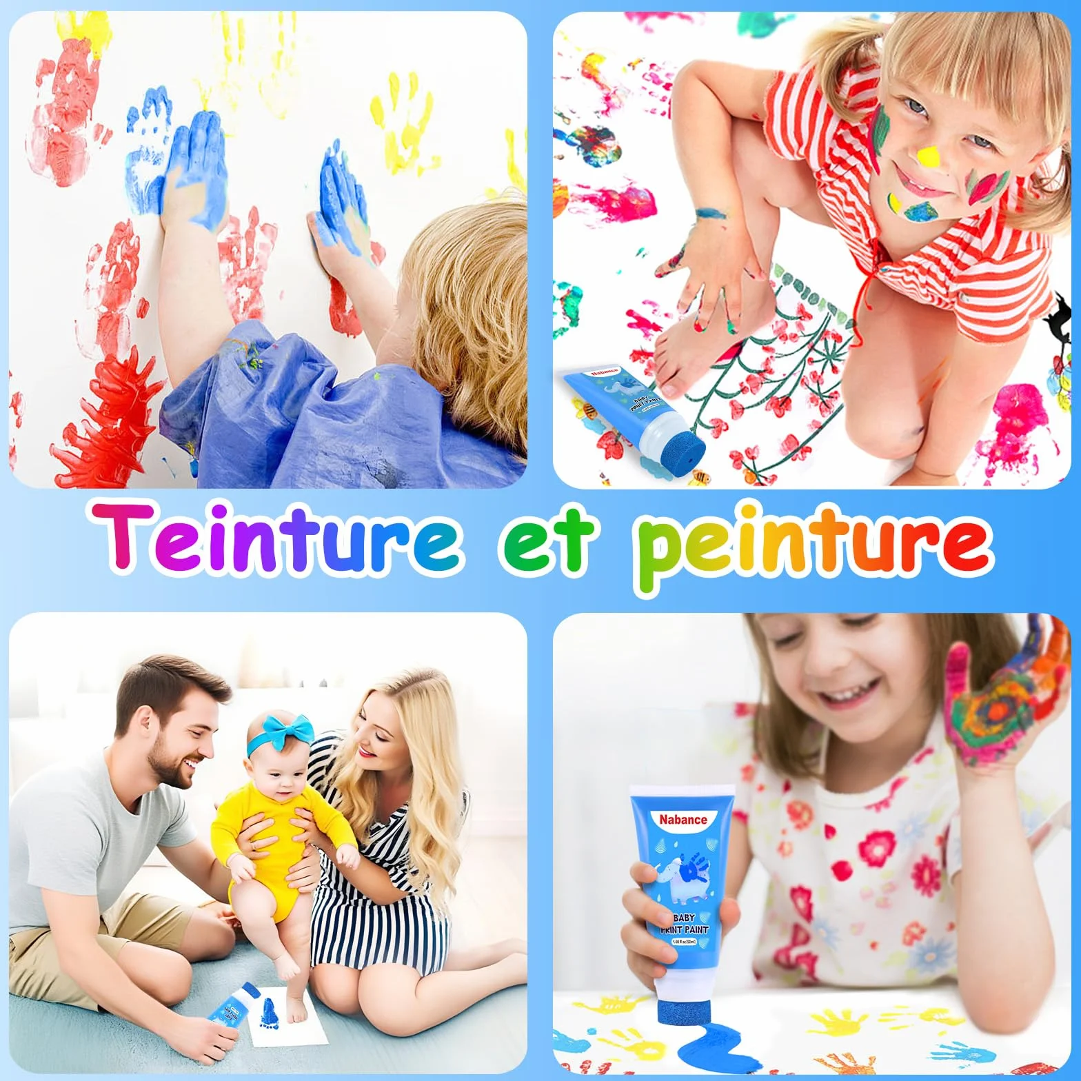 Kit Empreinte Bébé avec Attachement Éponge, Encre Non Toxique Lavable, Cadeau Naissance Souvenir Bébé - Bleu