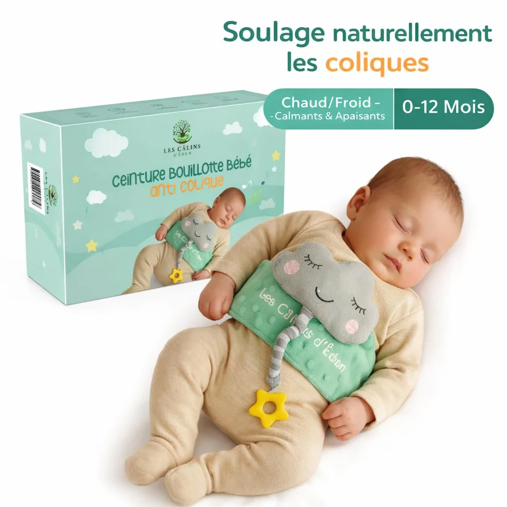 Ceinture bouillotte bébé anti-coliques poche gel chaud/froid doudou musical amovible anneau dentition silicone étoile housse satin Certifiée CE
