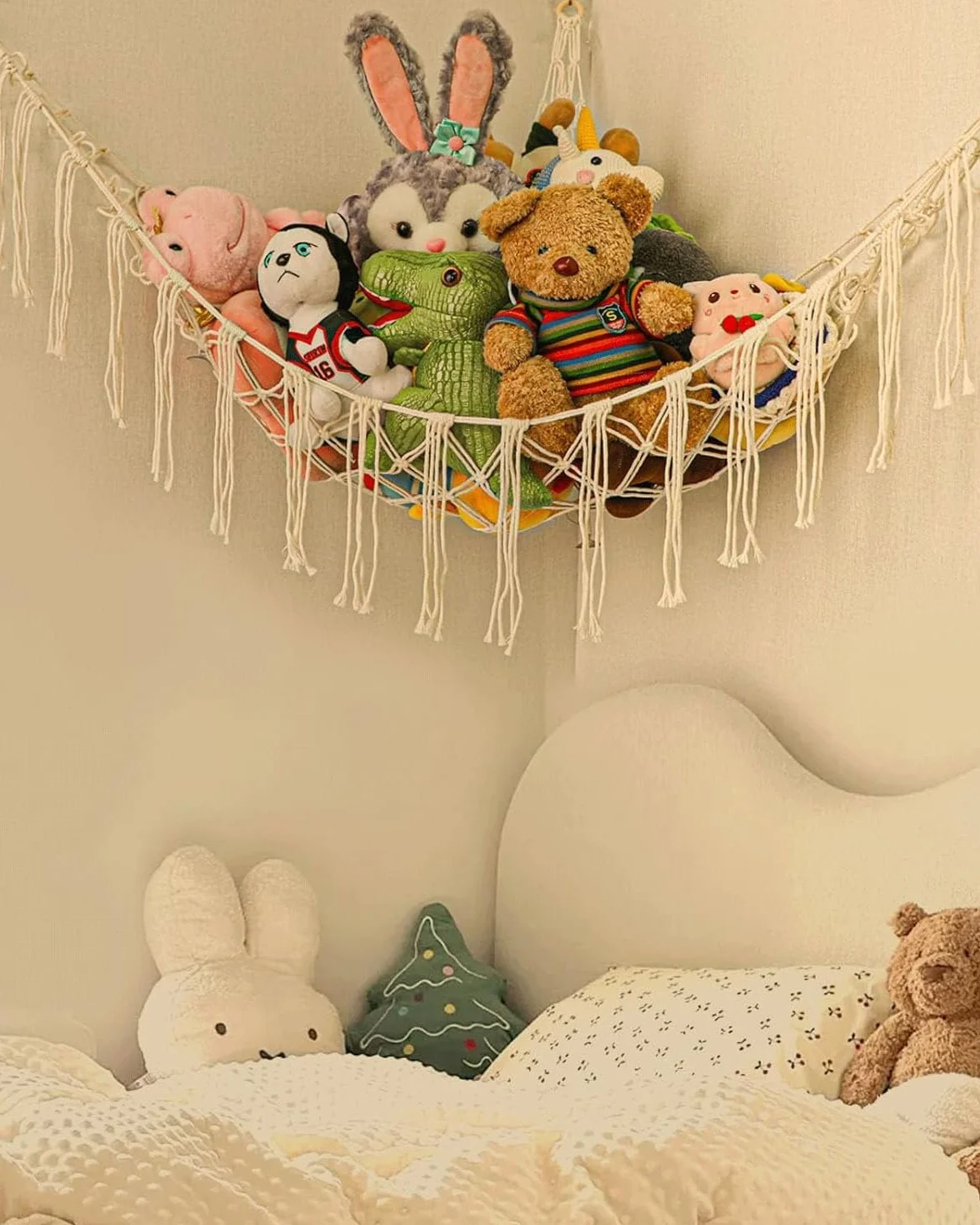 Hamac pour animaux en peluche Rangement de jouets Filet avec 3 crochets Décoration murale chambre d'enfant