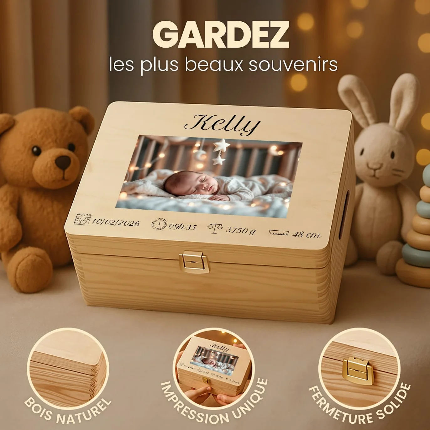 Maverton Boite de Rangement Personnalisable en Bois de Pin Naturel pour Bebe - Cadeau Naissance L/XL