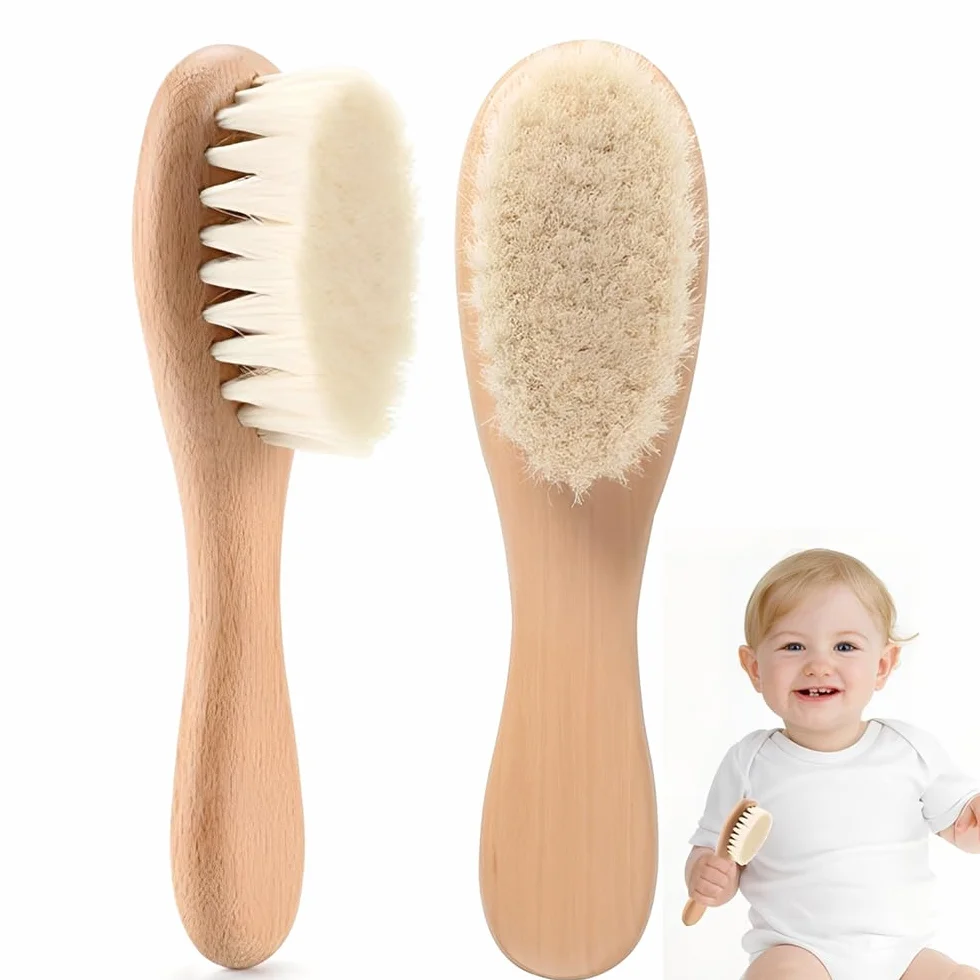 Brosse cheveux bébé poils de chèvre doux en bois pour Cradle Cap nouveau-né