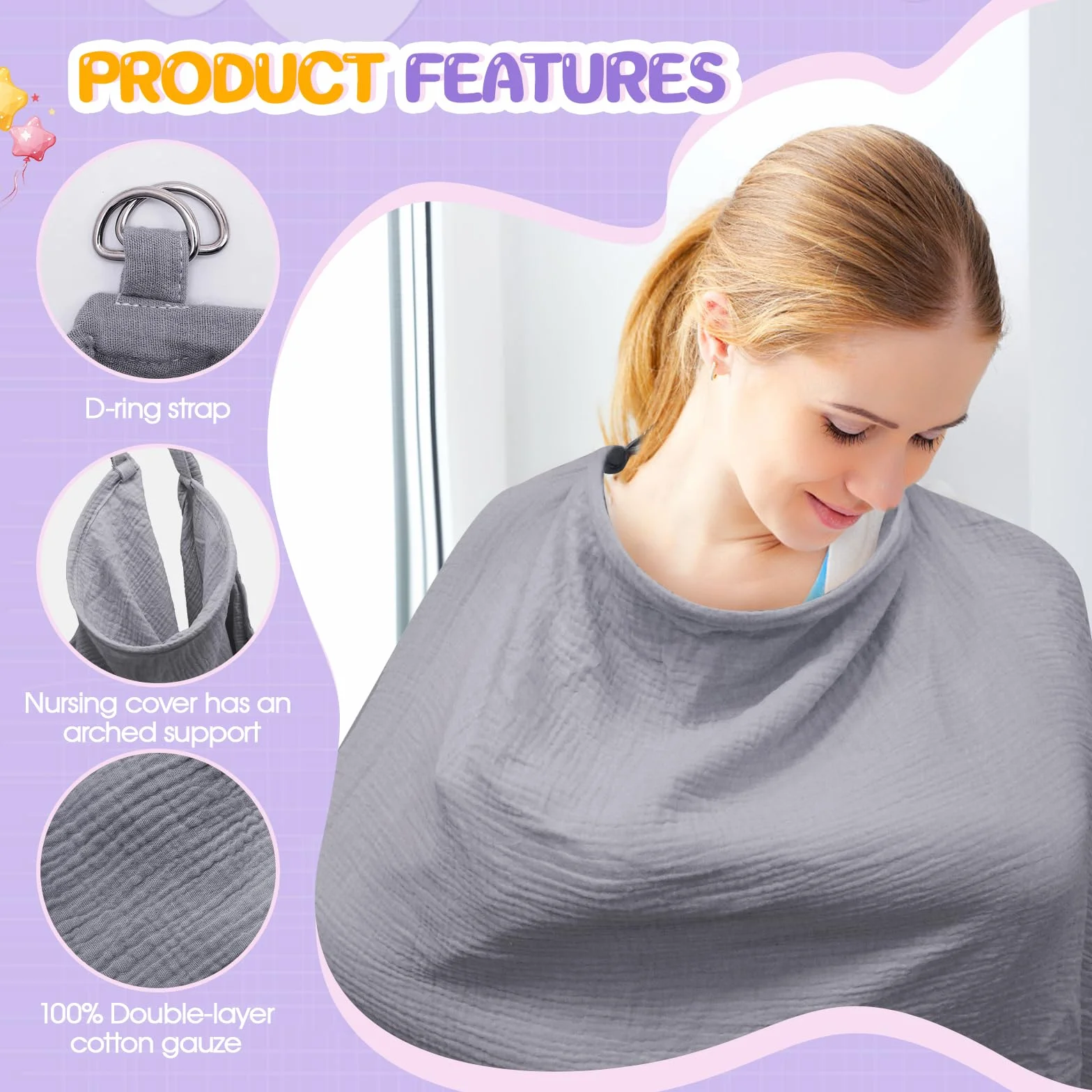 Cape Allaitement Bébé 100% Coton avec Serviette, Doux Respirant Sangles Réglables Gris